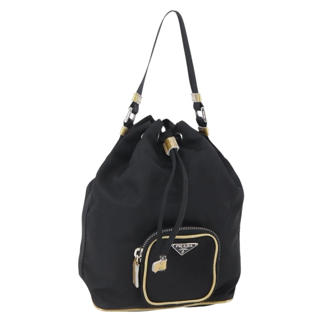 Prada Nylon Duet Bucket Bag with Drawstring Black: Prada Nylon Duet Bucket Bag with Drawstring Black The Prada Duet Drawstring Bucket Bag is crafted from black nylon and features a drawstring closure. Designed for women, this pre-owned handbag origina