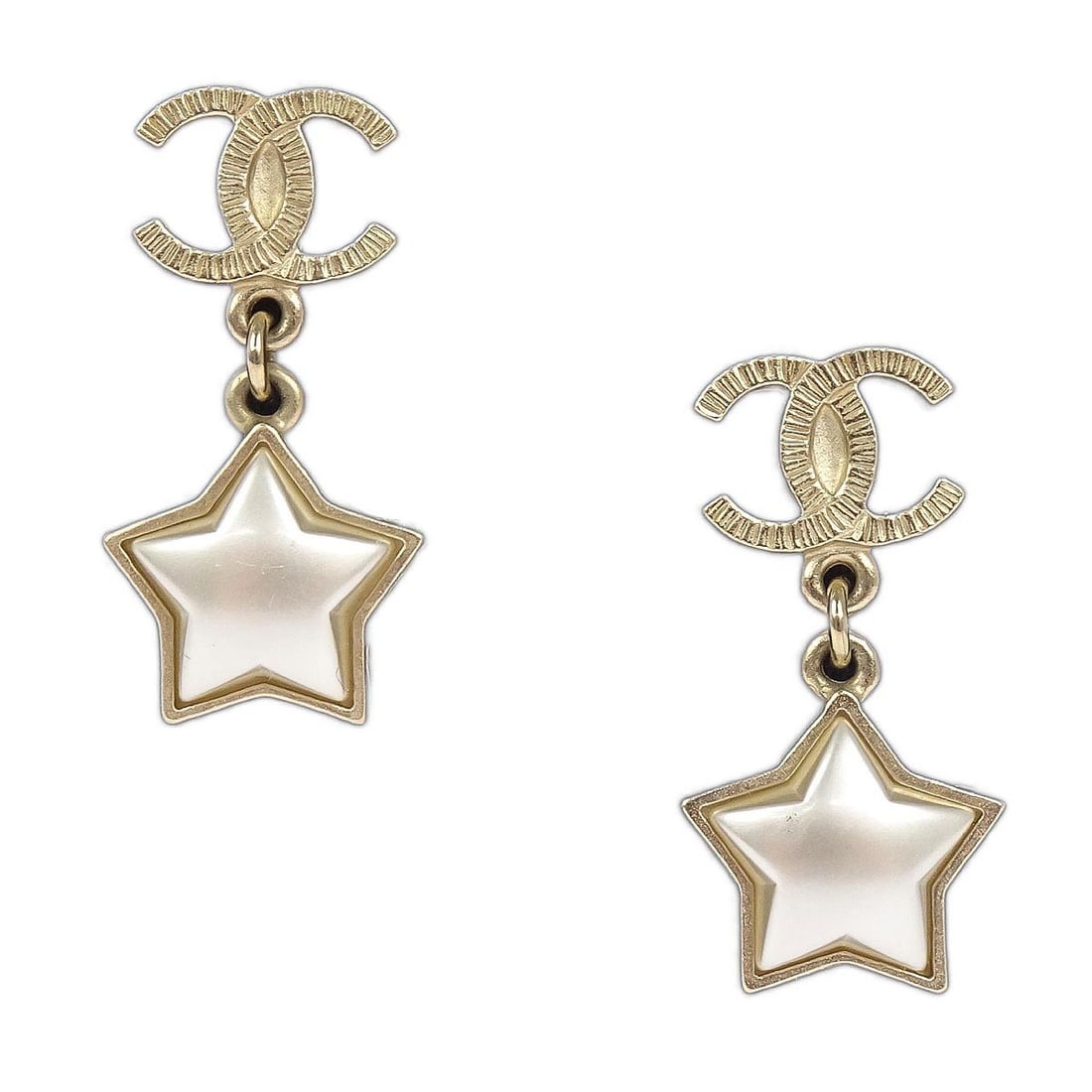 Gold Plated CC Star Drop Earrings by Chanel A18V Collection: Gold Plated CC Star Drop Earrings by Chanel A18V Collection These Chanel dangle earrings feature the iconic CC logo and star motif in a gold plated finish. Designed for pierced ears, they have a screw