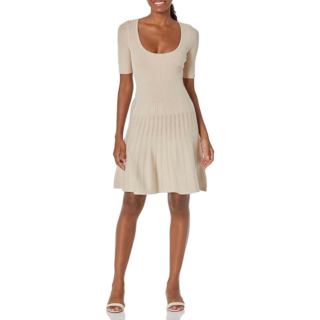 GUESS Eco Essential Fit & Flare Amelia Dress Women's S Tan: GUESS Eco Essential Fit & Flare Amelia Dress Women's S Tan Elevate your wardrobe with the GUESS Eco Essential Half Sleeve Scoop Neck Fit & Flare Amelia Dress, designed for a flattering fit. This styli