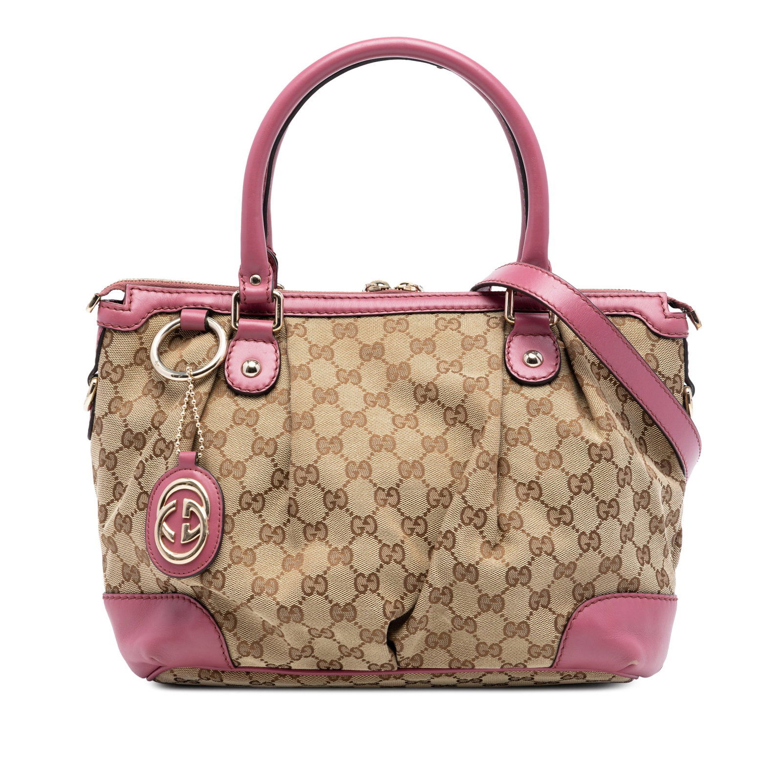 Gucci Sukey Beige Canvas Satchel with Leather Trim and Detachable Strap: Gucci Sukey Beige Canvas Satchel with Leather Trim and Detachable Strap This Gucci GG Canvas Sukey Satchel features a beige canvas body with leather trim, rolled leather handles, a detachable flat lea