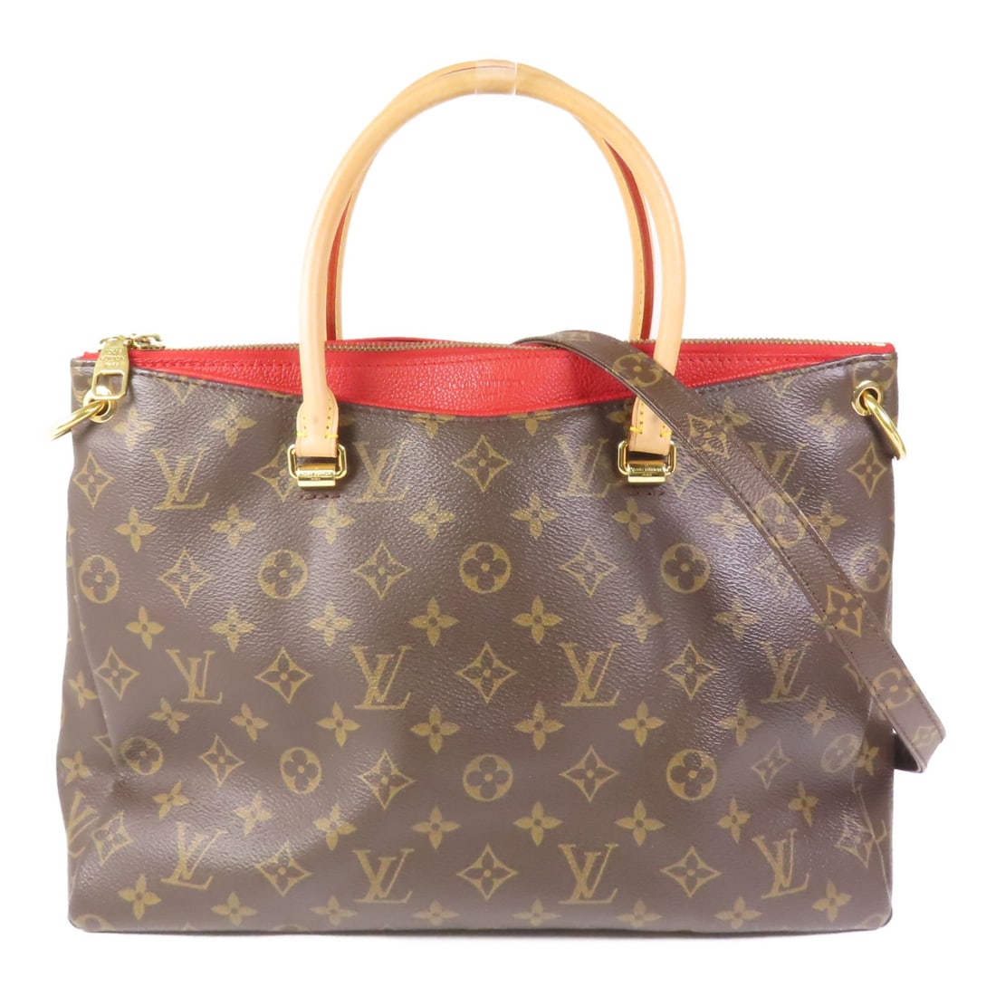 Louis Vuitton Pallas Brown Red Monogram 2 Way Shoulder Bag with Gold Hardware: Louis Vuitton Pallas Brown Red Monogram 2 Way Shoulder Bag with Gold Hardware This Louis Vuitton Pallas 2-way shoulder bag features the classic monogram pattern in brown with red accents. Crafted from