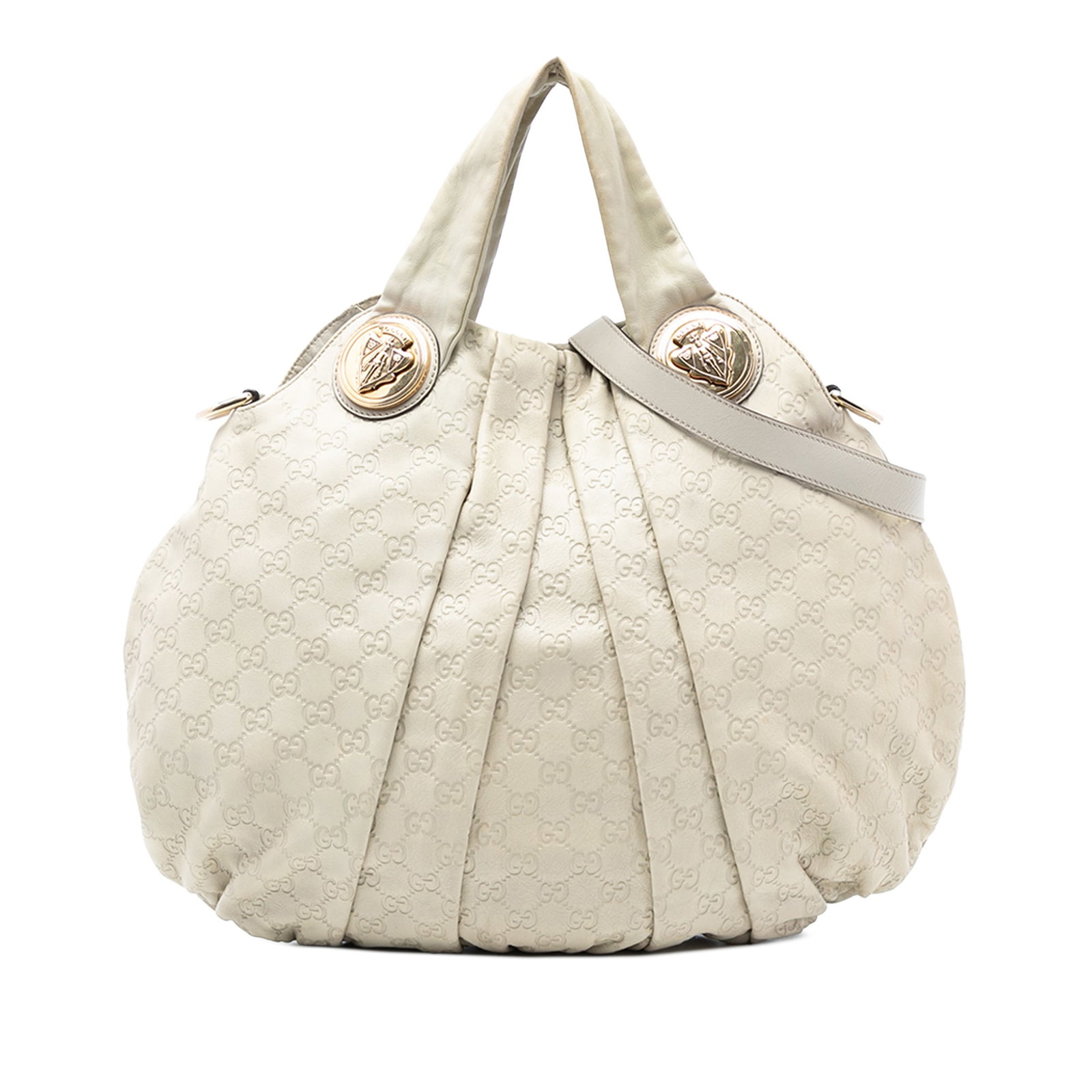 Gucci Hysteria White Embossed Leather Large Satchel Bag: Gucci Hysteria White Embossed Leather Large Satchel Bag This Gucci Large Guccissima Hysteria Satchel showcases an embossed leather exterior in white, complemented by flat leather handles and a detacha