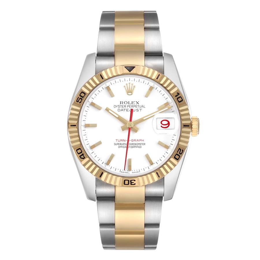 2004 Oyster Bracelet Datejust Turn-o-Graph 116263 White Dial with Papers: 2004 Oyster Bracelet Datejust Turn-o-Graph 116263 White Dial with Papers This Rolex Datejust Turn-o-Graph features a white dial and a fluted bezel, complemented by a classic Oyster bracelet. The watch
