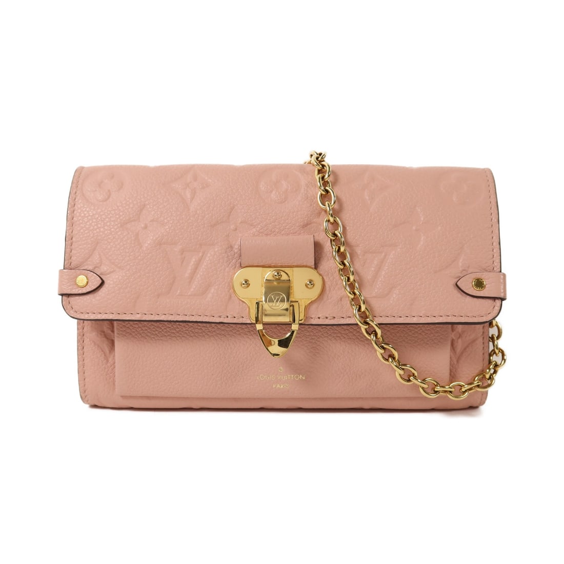 Louis Vuitton Vavin Chain Wallet Pink Calfskin Monogram Empreinte M63399: Louis Vuitton Vavin Chain Wallet Pink Calfskin Monogram Empreinte M63399 This Louis Vuitton Vavin Chain Wallet features a stylish monogram empreinte design in rose pink calfskin leather. The shoulder 