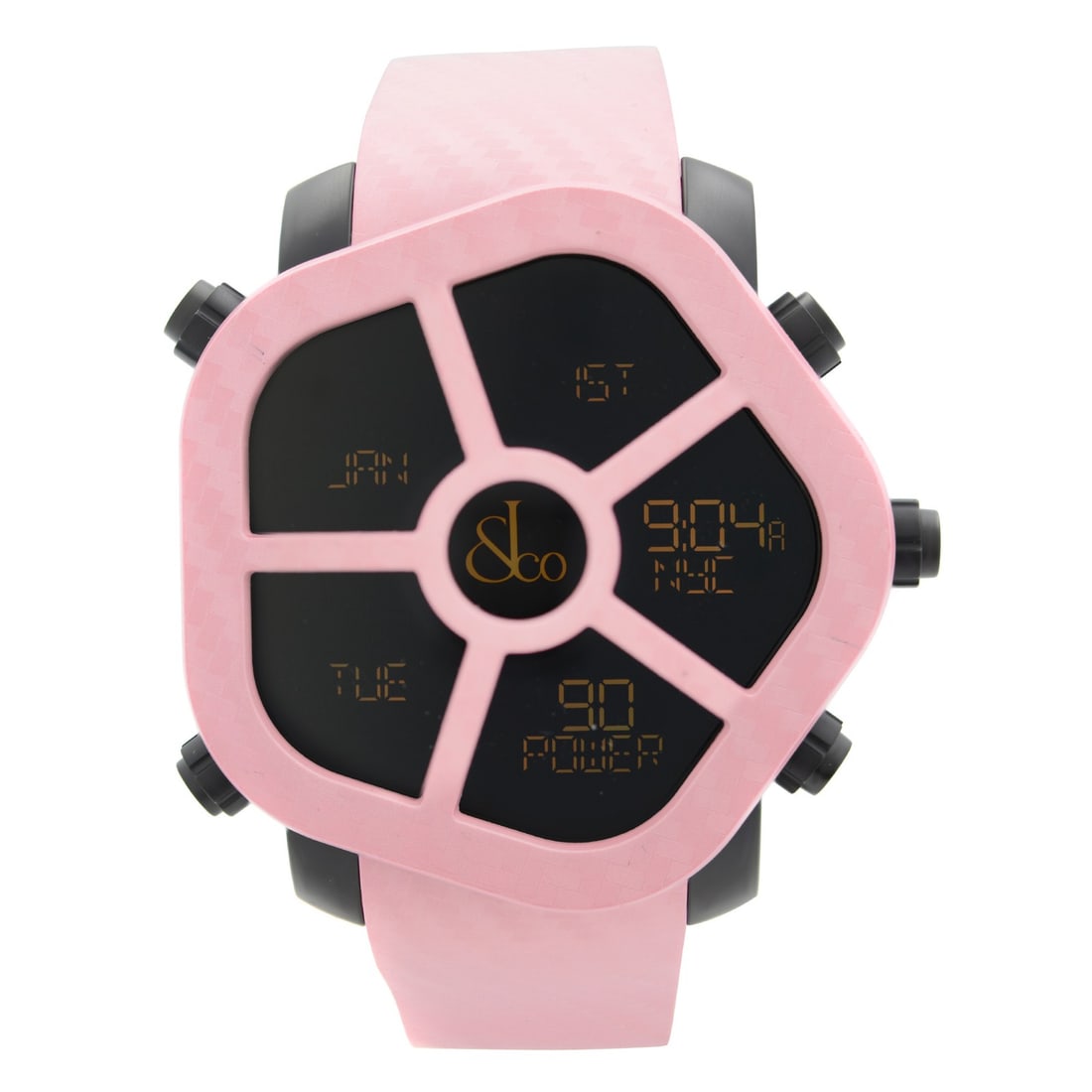 Jacob & Co. Ghost Pink Carbon Bezel Five Zone Digital Men's Watch GH100.11.NS.MC.ANK4D: Jacob & Co. Ghost Pink Carbon Bezel Five Zone Digital Men's Watch GH100.11.NS.MC.ANK4D This Jacob & Co. Ghost 5 Time Zone men's watch features a stainless steel case with black PVD coating and a penta