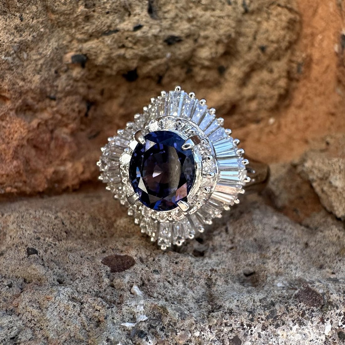 GIA Certified Platinum Ring With No Heat Ceylon Color Change Sapphire and Diamonds: GIA Certified Platinum Ring With No Heat Ceylon Color Change Sapphire and Diamonds This platinum ballerina cocktail ring features a GIA-certified, natural Ceylon sapphire with a color change from blui