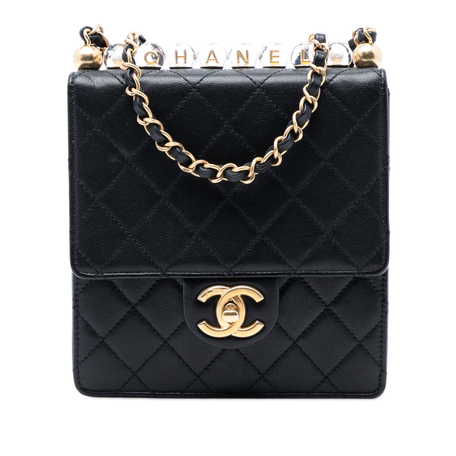 Chanel Chic Pearls Quilted Leather Small Flap Crossbody Bag: Chanel Chic Pearls Quilted Leather Small Flap Crossbody Bag This Chanel Small Goatskin Chic Pearls Flap is a black crossbody bag featuring a quilted leather body with decorative faux pearl details. It