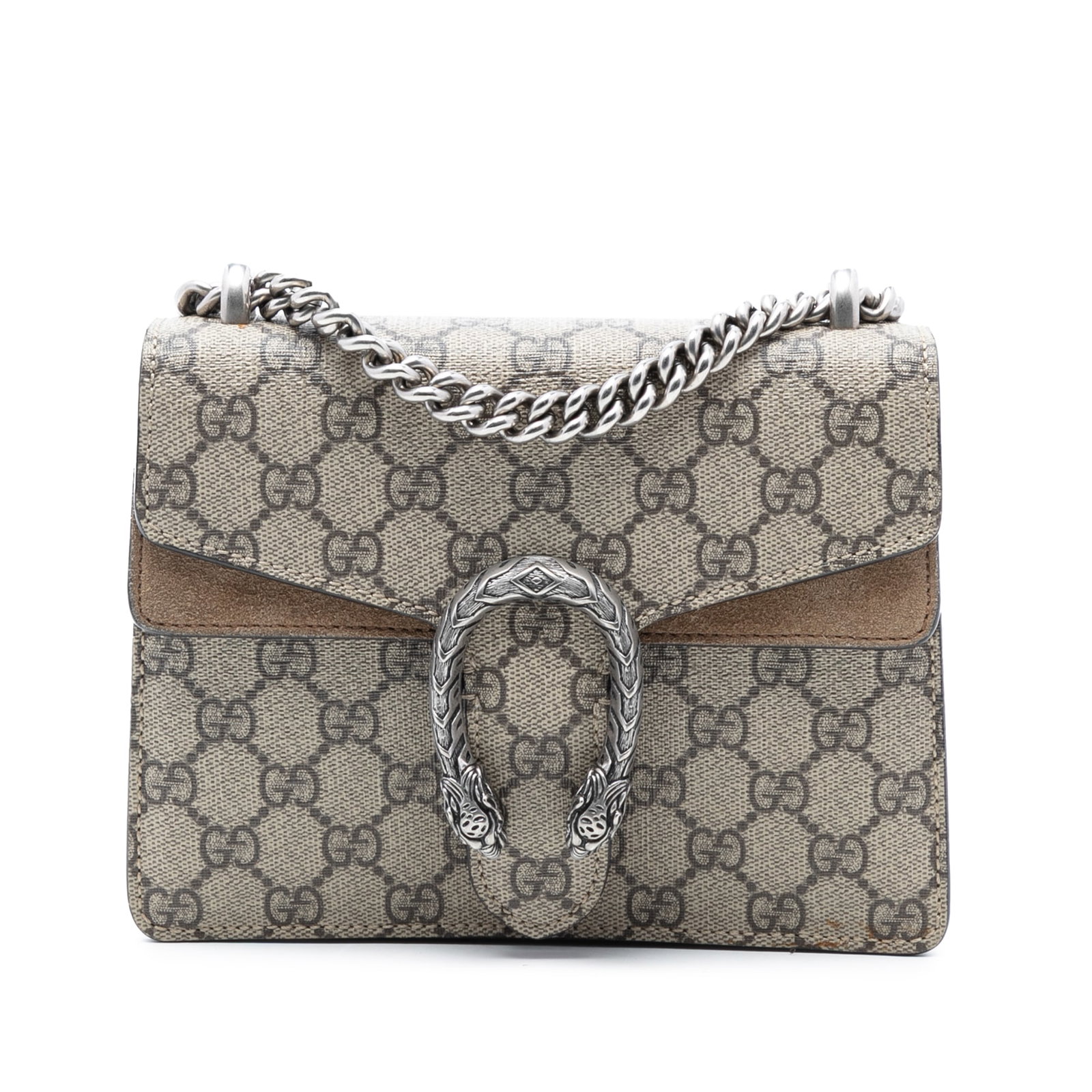 Gucci Dionysus Small GG Supreme Canvas Crossbody Bag with Chain Strap: Gucci Dionysus Small GG Supreme Canvas Crossbody Bag with Chain Strap This Gucci Small GG Supreme Dionysus Crossbody bag features a coated canvas body with suede leather trim. It is designed with a si