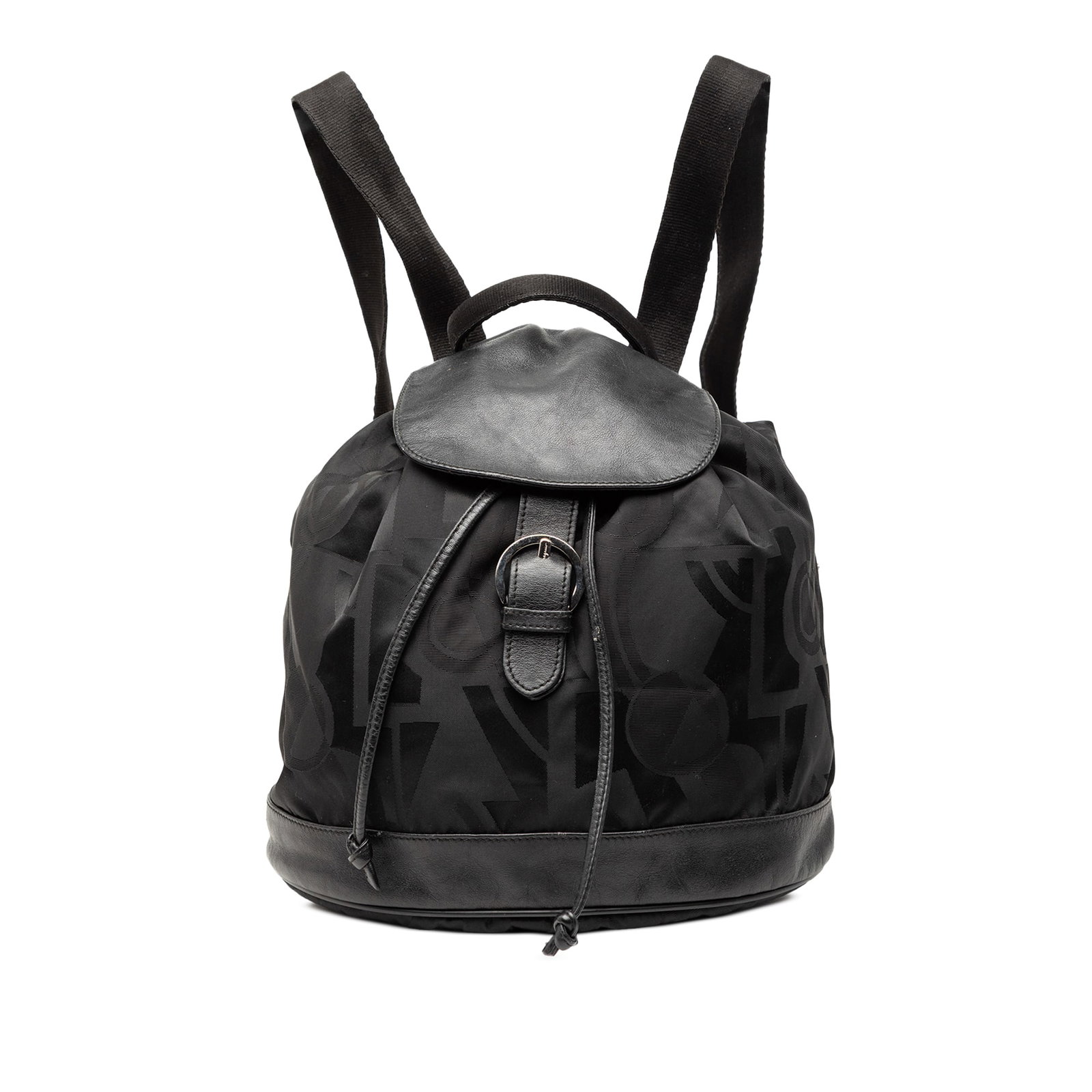 Printed Nylon and Leather Backpack by Ferragamo with Drawstring Closure: Printed Nylon and Leather Backpack by Ferragamo with Drawstring Closure This Ferragamo backpack features a printed nylon body with leather trim, a flat leather top handle, and adjustable flat canvas b