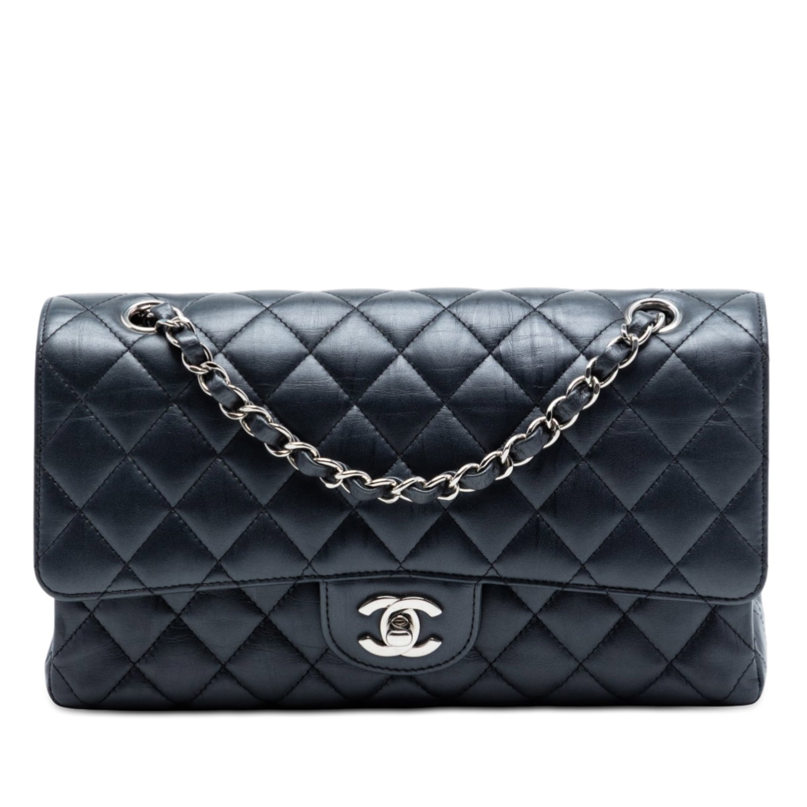Blue Chanel Medium Classic Quilted Lambskin Double Flap Shoulder Bag: Blue Chanel Medium Classic Quilted Lambskin Double Flap Shoulder Bag This Chanel Medium Classic Double Flap shoulder bag is crafted from blue quilted lambskin leather and features an exterior back sli