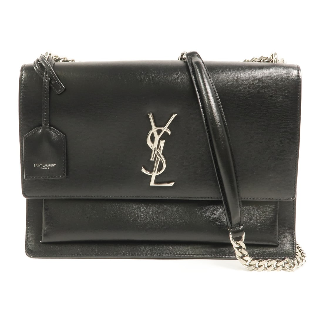 Saint Laurent Sunset Medium Black Calfskin Shoulder Bag: Saint Laurent Sunset Medium Black Calfskin Shoulder Bag This Saint Laurent Sunset Medium Chain Shoulder Bag features luxurious black calfskin leather with a sleek, structured silhouette. Designed for 