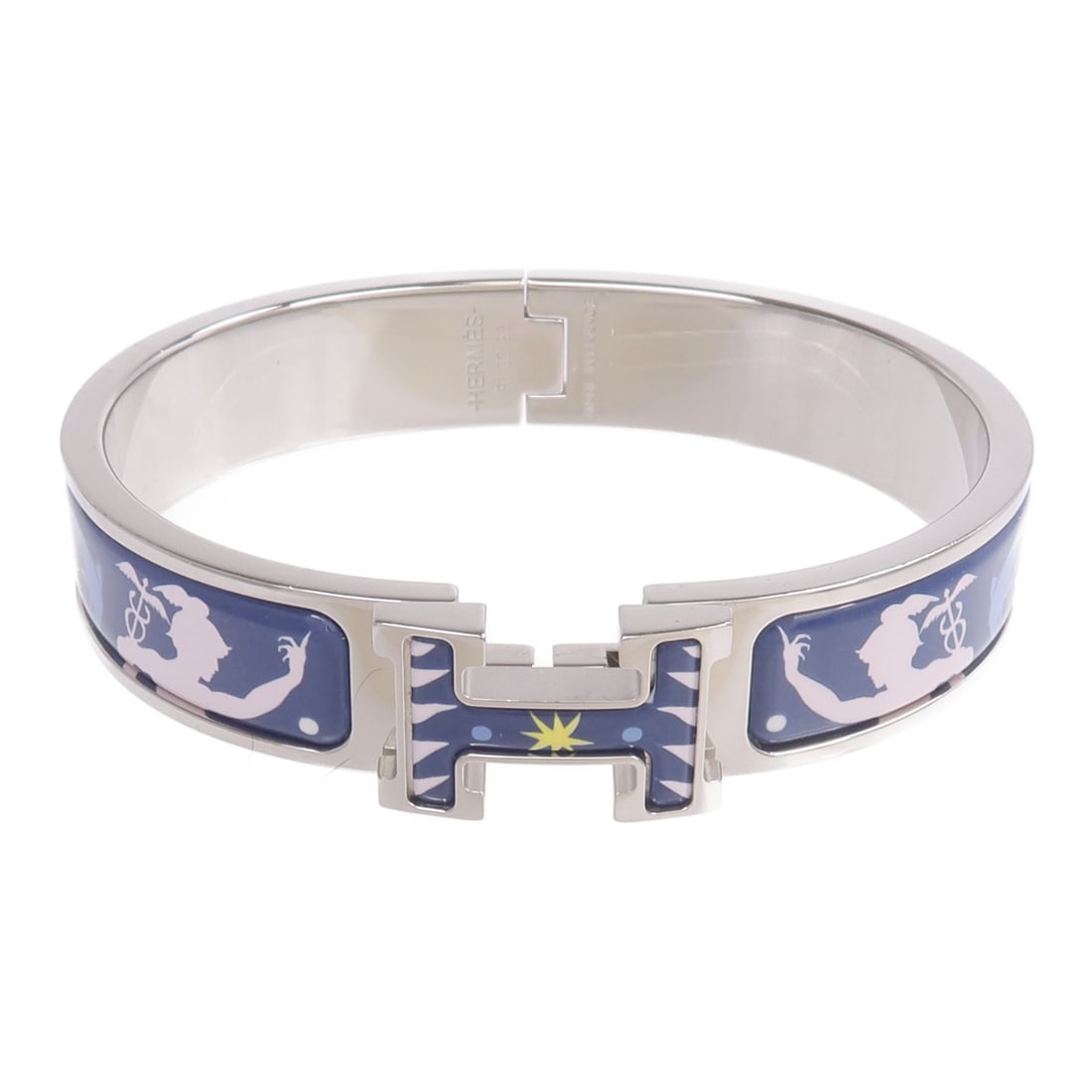Hermes Clic H enamel bracelet blue pink silver tone: Hermes Clic H enamel bracelet blue pink silver tone This HERMES Clic H bracelet features a blue enamel exterior with silver-tone metal accents and pink detailing. Designed for women, the bracelet show