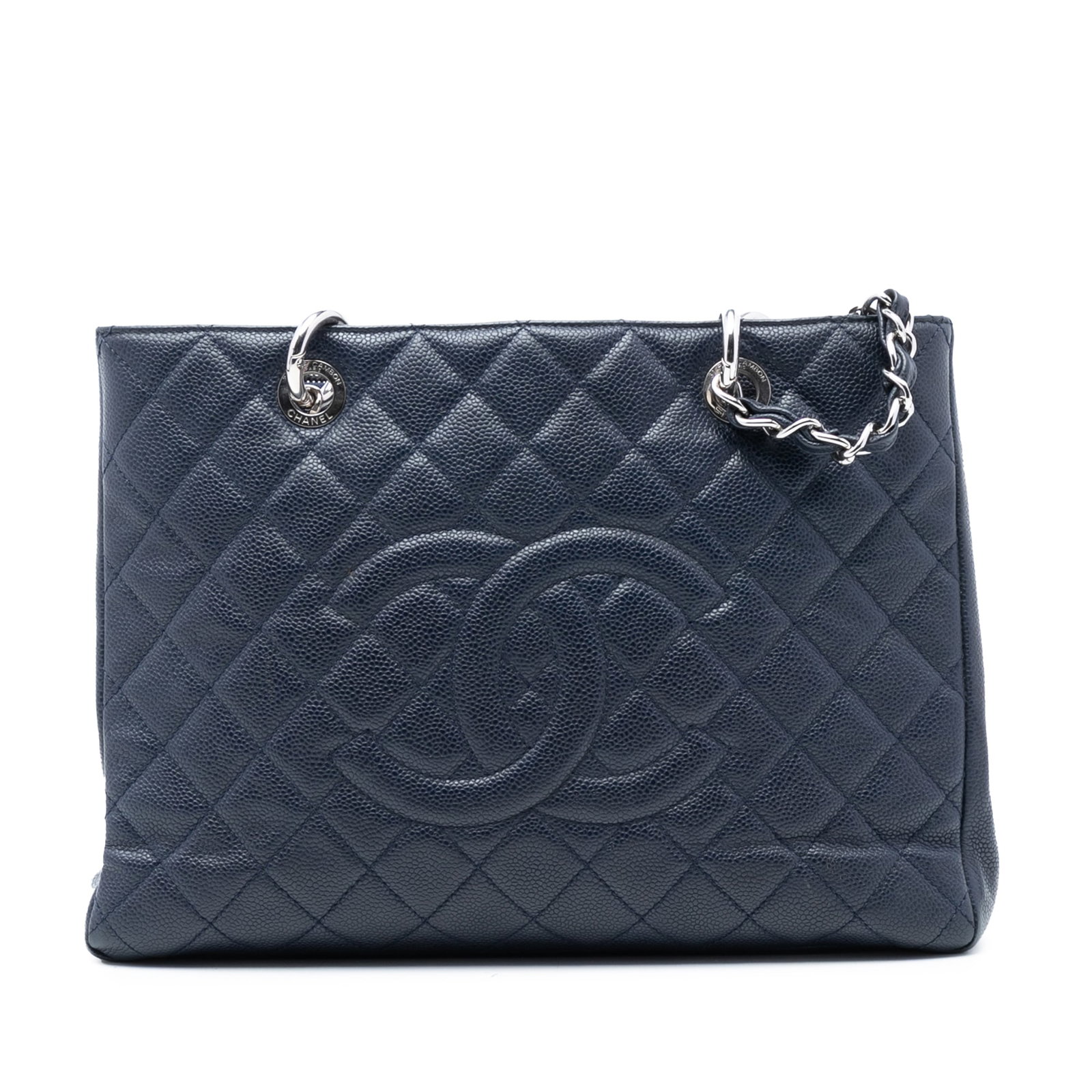 Blue Caviar Leather Grand Shopping Tote Bag by Chanel: Blue Caviar Leather Grand Shopping Tote Bag by Chanel This Chanel Grand Shopping Tote features a blue caviar leather body with curb chain straps, an open top, an exterior back slip pocket, and interio