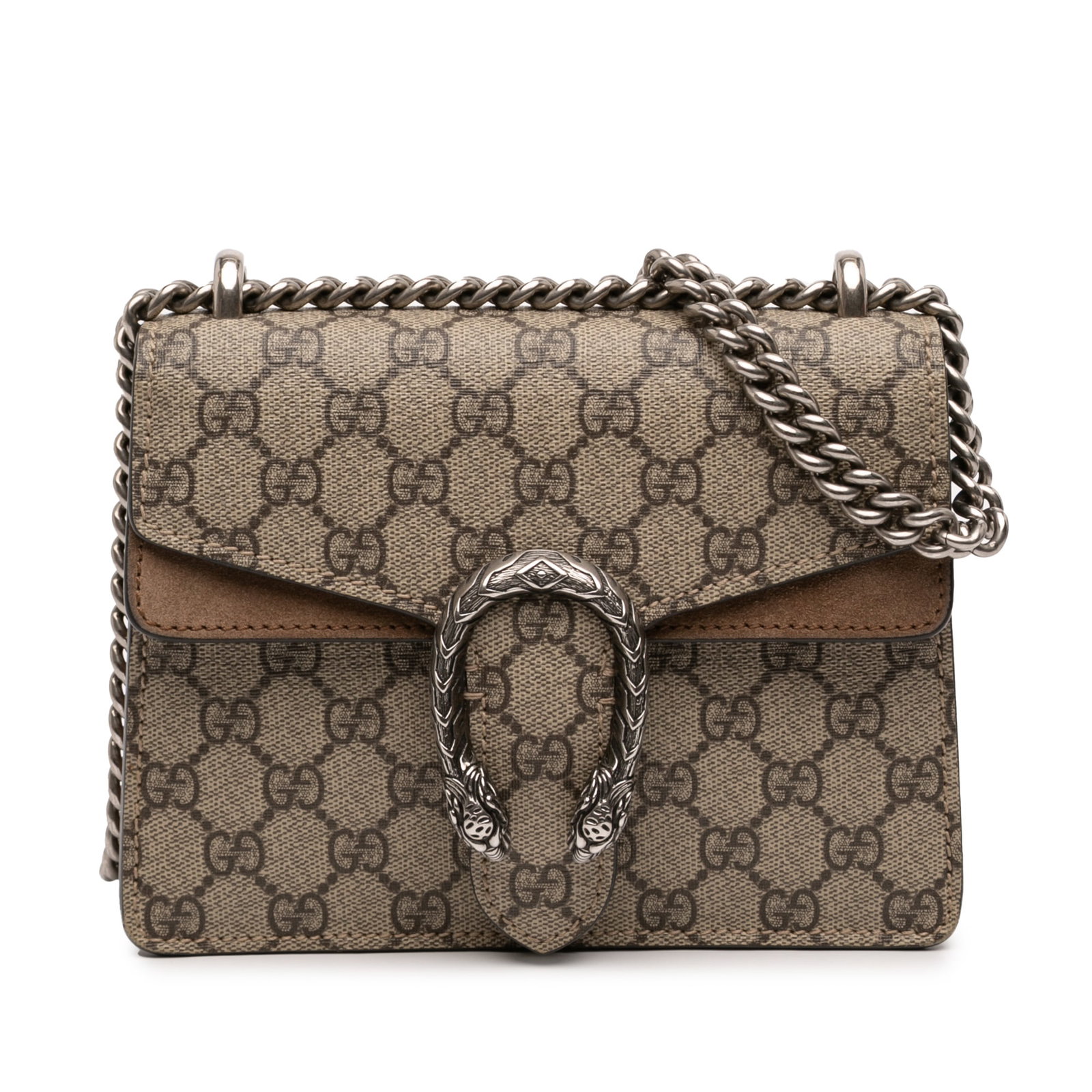 Gucci Dionysus Small Beige GG Supreme Canvas Crossbody Bag: Gucci Dionysus Small Beige GG Supreme Canvas Crossbody Bag This Gucci Small GG Supreme Dionysus Crossbody bag features a coated canvas body with suede leather trim, a silver-tone chain strap, and a to