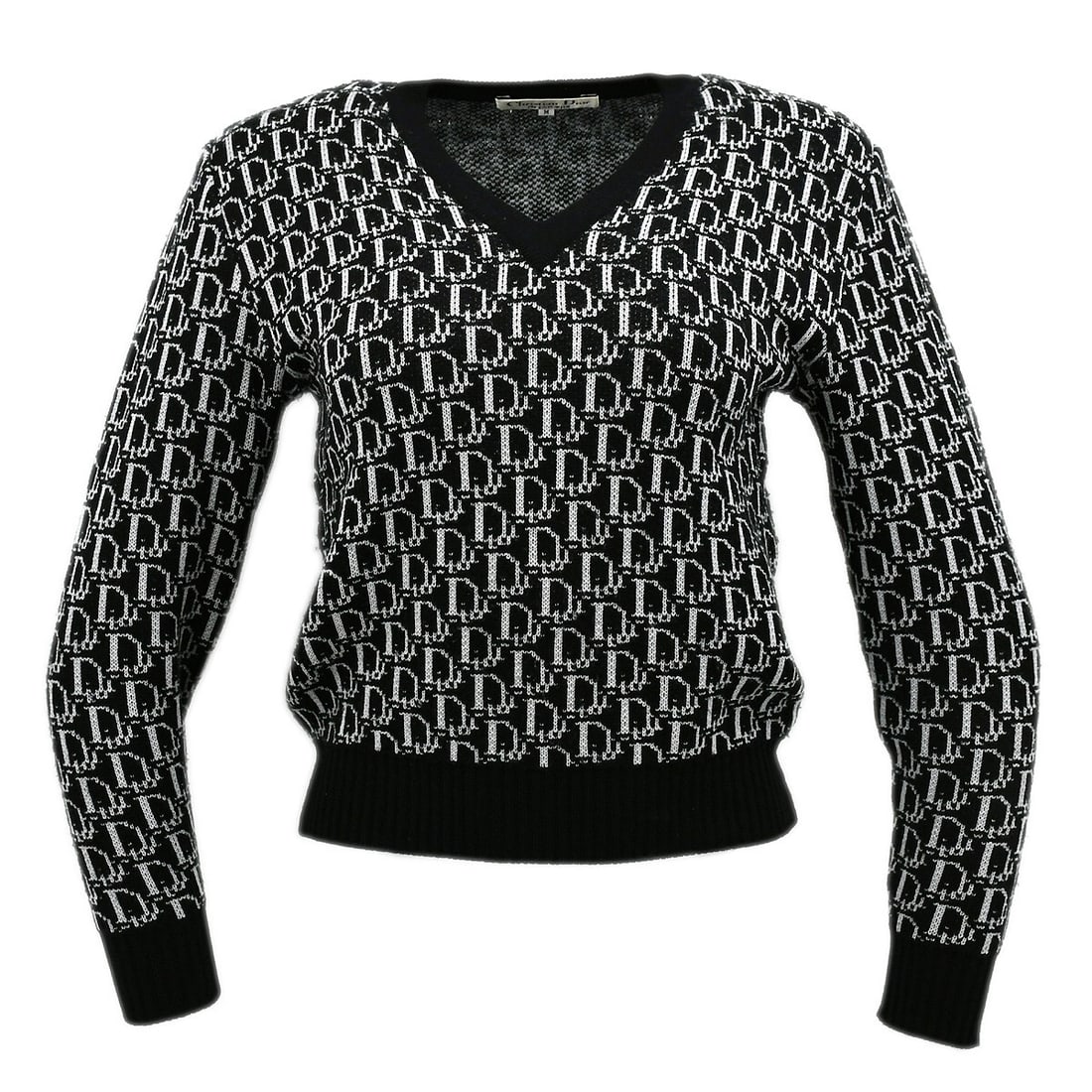 Dior V-Neck Black Logo Long Sleeve Sweater Size M: Dior V-Neck Black Logo Long Sleeve Sweater Size M This Christian Dior black sweater features a V-neck and long sleeves, designed for a regular fit. The sweater is accented with the Dior logo, making i