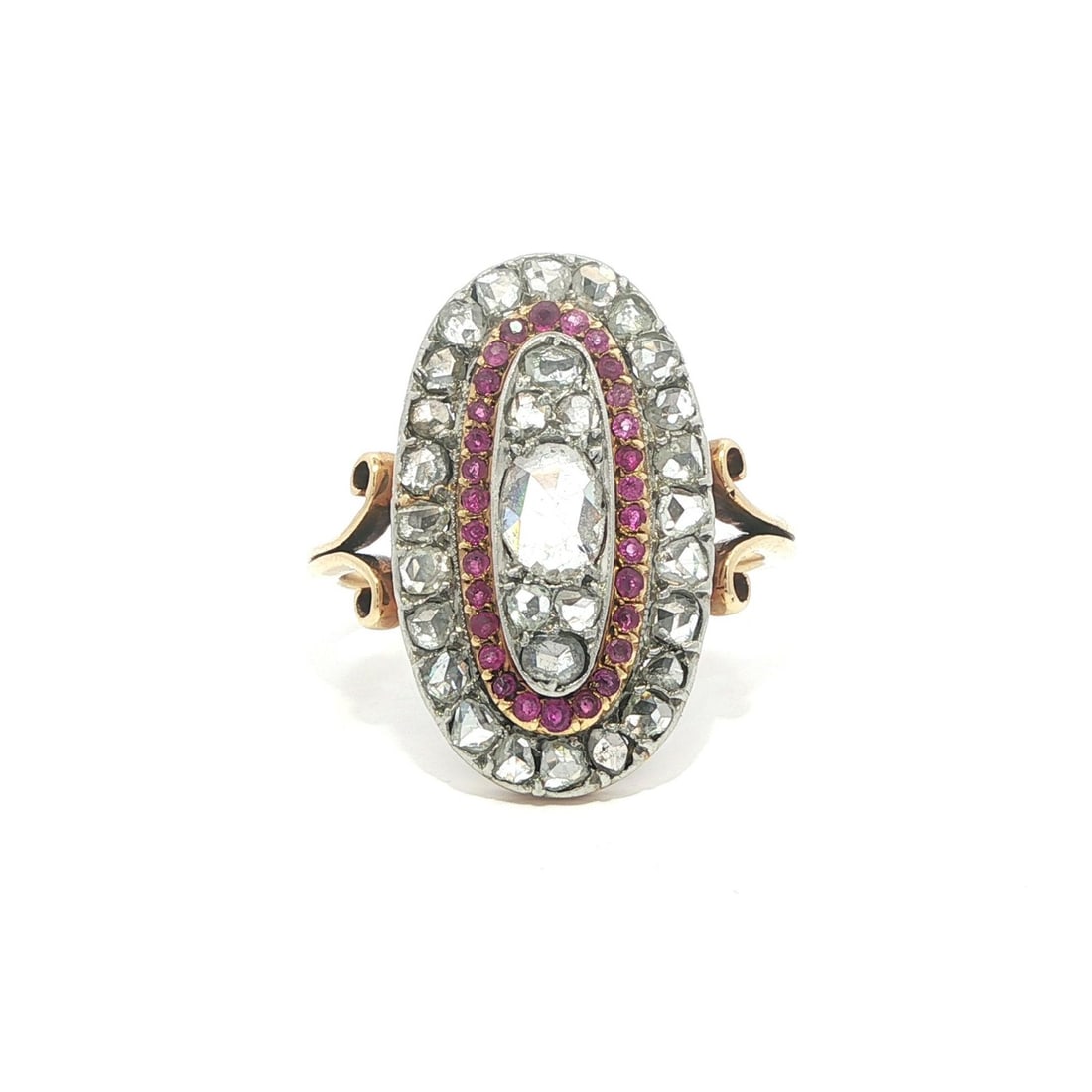 Antique Cocktail Ring with Rose Cut Diamonds in Gold and Platinum: Antique Cocktail Ring with Rose Cut Diamonds in Gold and Platinum This antique cocktail ring features a long oval tiered platter design set with 21 natural rose cut white diamonds and 30 natural pink 