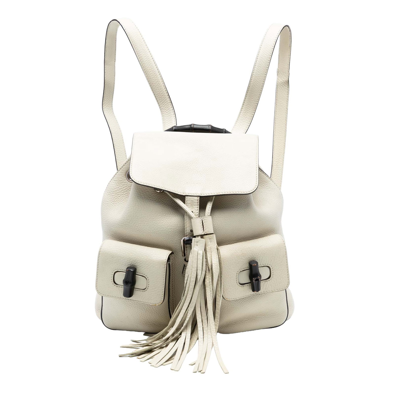 Gucci Leather Bamboo Tassel Backpack White Italy: Gucci Leather Bamboo Tassel Backpack White Italy This Gucci Leather Bamboo Tassel Backpack is a sophisticated accessory crafted from high-quality leather. It features a distinctive bamboo top handle a
