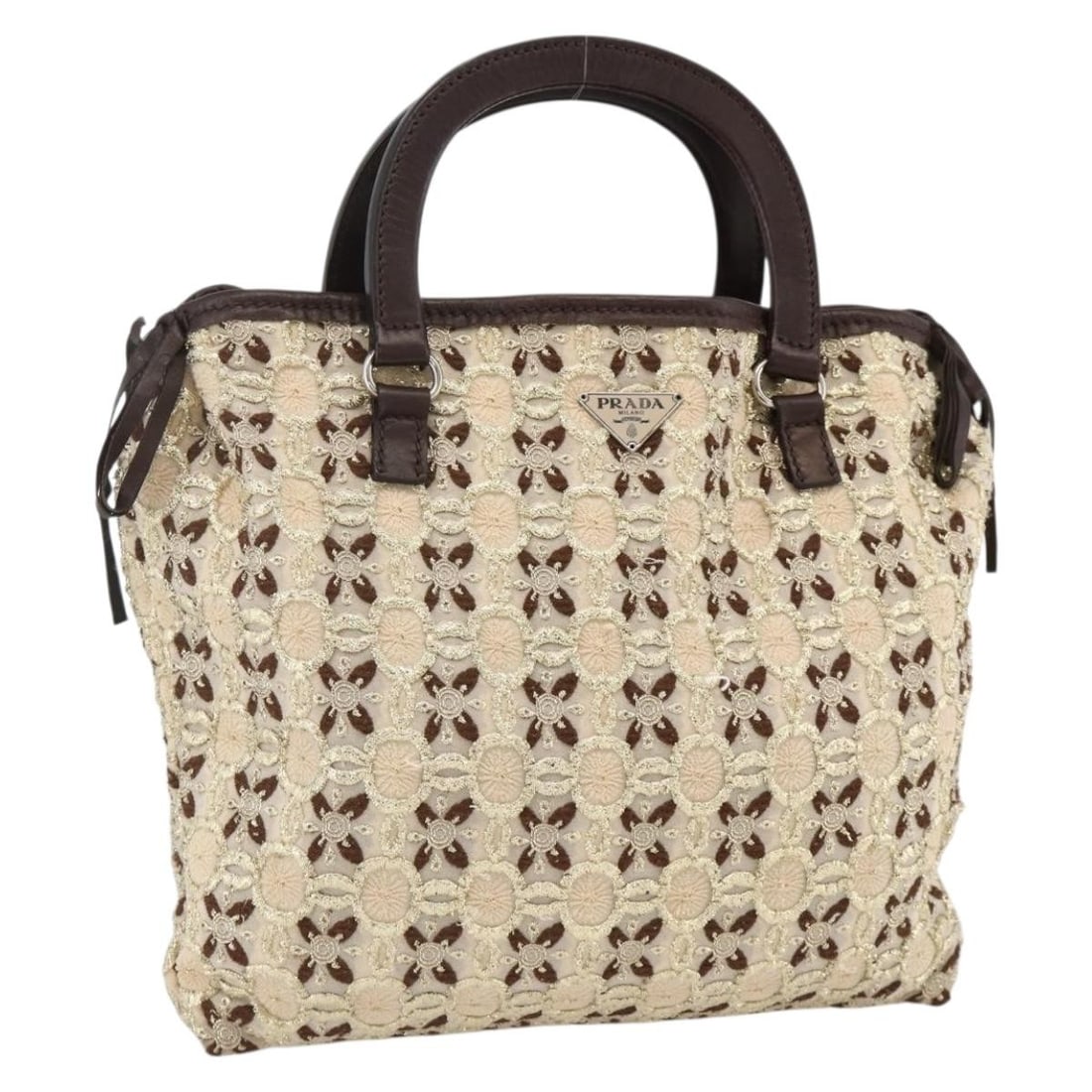 Prada BN0701 Beige and Silver Cotton Tote with Dust Bag and Card: Prada BN0701 Beige and Silver Cotton Tote with Dust Bag and Card This Prada handbag features a stylish beige and silver design crafted from 100% cotton. The bag is designed for women and offers a comp