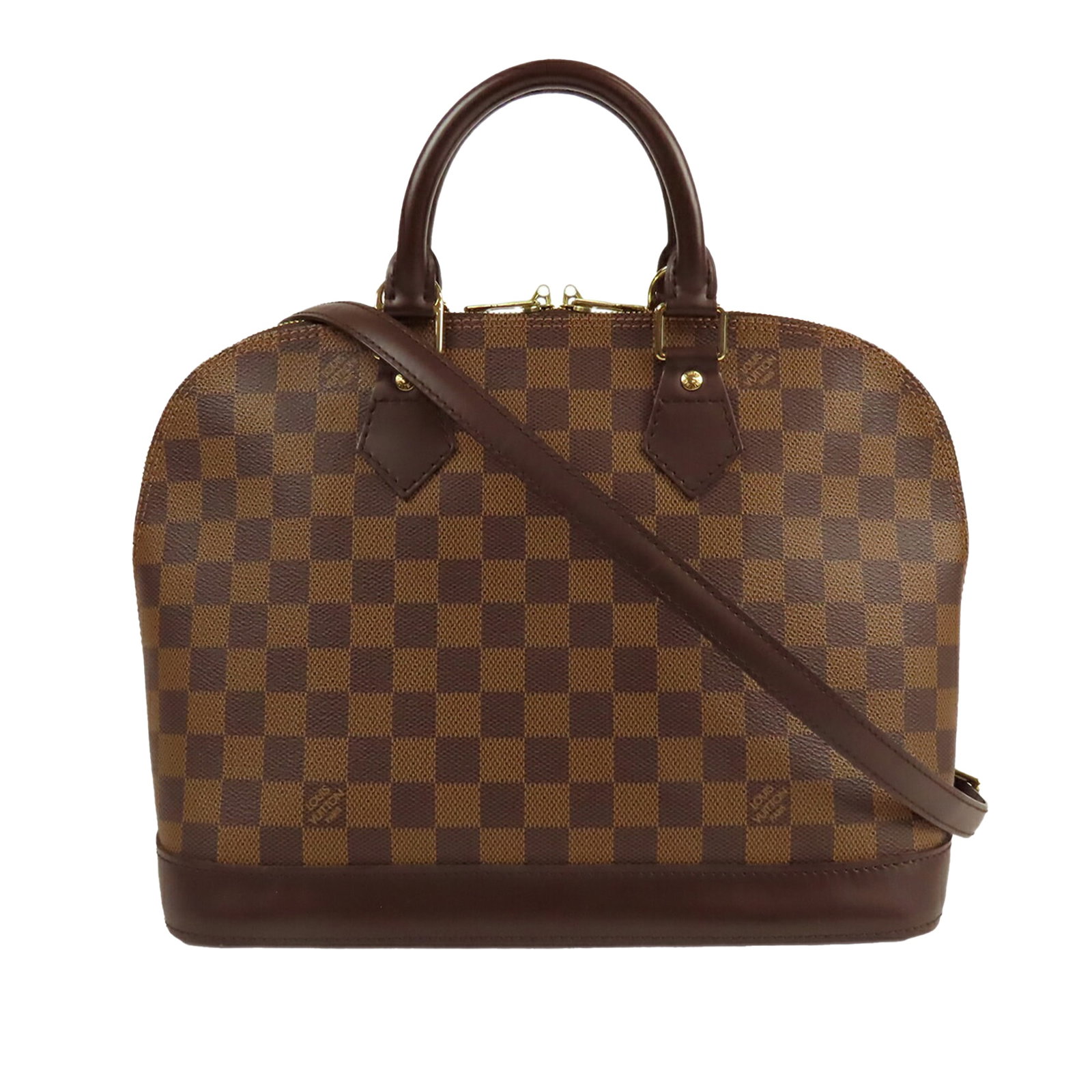 Louis Vuitton Alma PM Bag in Damier Ebene Canvas with Leather Trim: Louis Vuitton Alma PM Bag in Damier Ebene Canvas with Leather Trim This Louis Vuitton Damier Ebene Alma PM features a brown damier ebene canvas body with leather trim, rolled leather handles, a detach