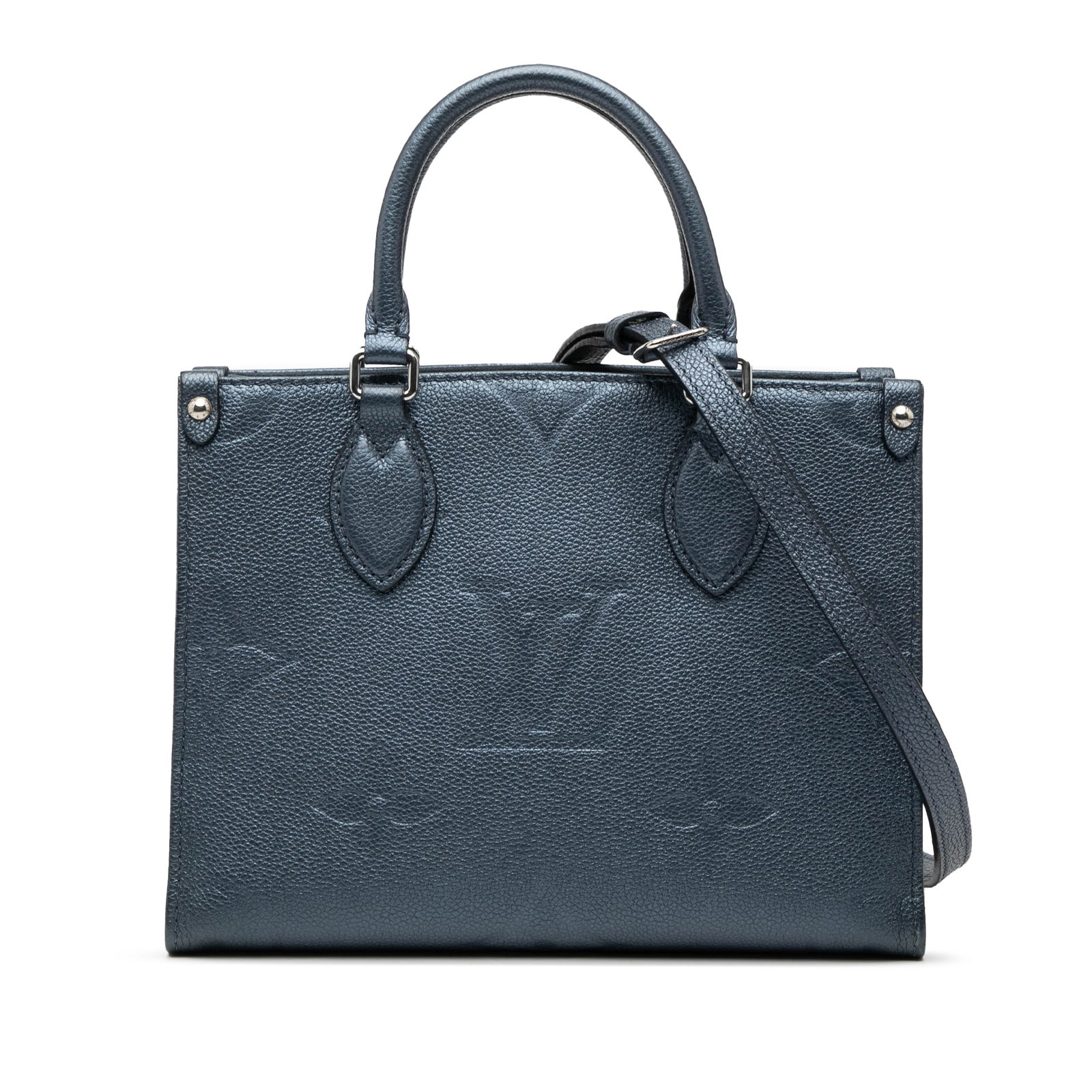 Blue Leather Onthego PM Bag with Metallic Monogram Giant Pattern: Blue Leather Onthego PM Bag with Metallic Monogram Giant Pattern This Louis Vuitton Onthego PM handbag is crafted from metallic blue Monogram Empreinte leather and features rolled handles, an adjustab