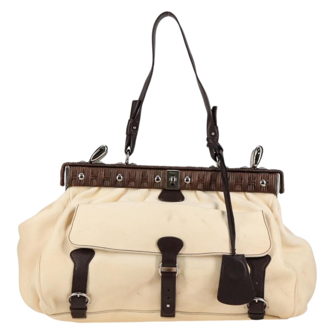 Gancini beige leather handbag by Salvatore Ferragamo for women: Gancini beige leather handbag by Salvatore Ferragamo for women This Salvatore Ferragamo Gancini handbag is crafted from beige leather and designed for women. It features a spacious interior and classi
