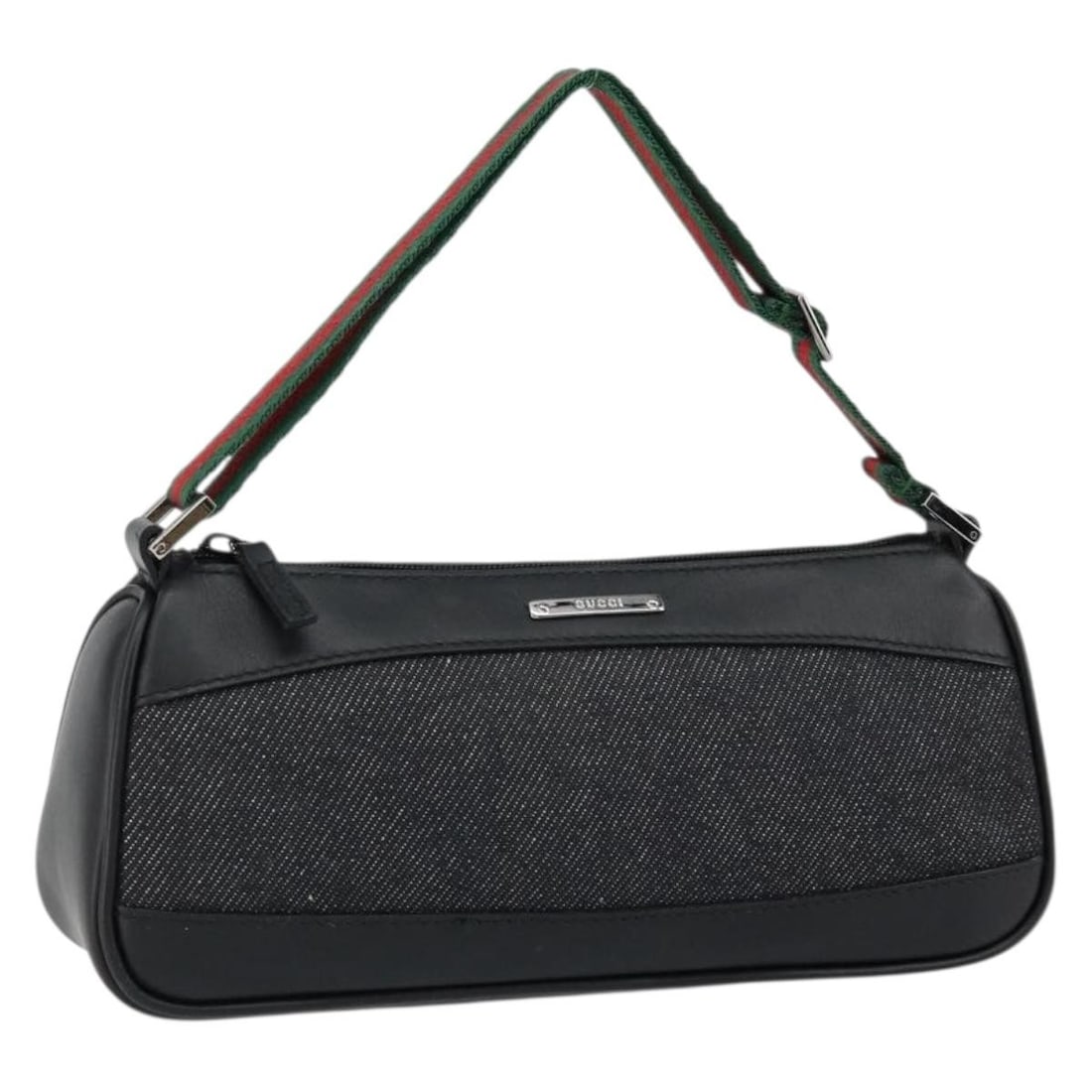 GUCCI Web Sherry Line Black Red Silver Canvas Pouch 92820 Auth: GUCCI Web Sherry Line Black Red Silver Canvas Pouch 92820 Auth This GUCCI Web Sherry Line Pouch showcases a stylish accessory design crafted in Italy. Made from durable canvas, it features a striking 