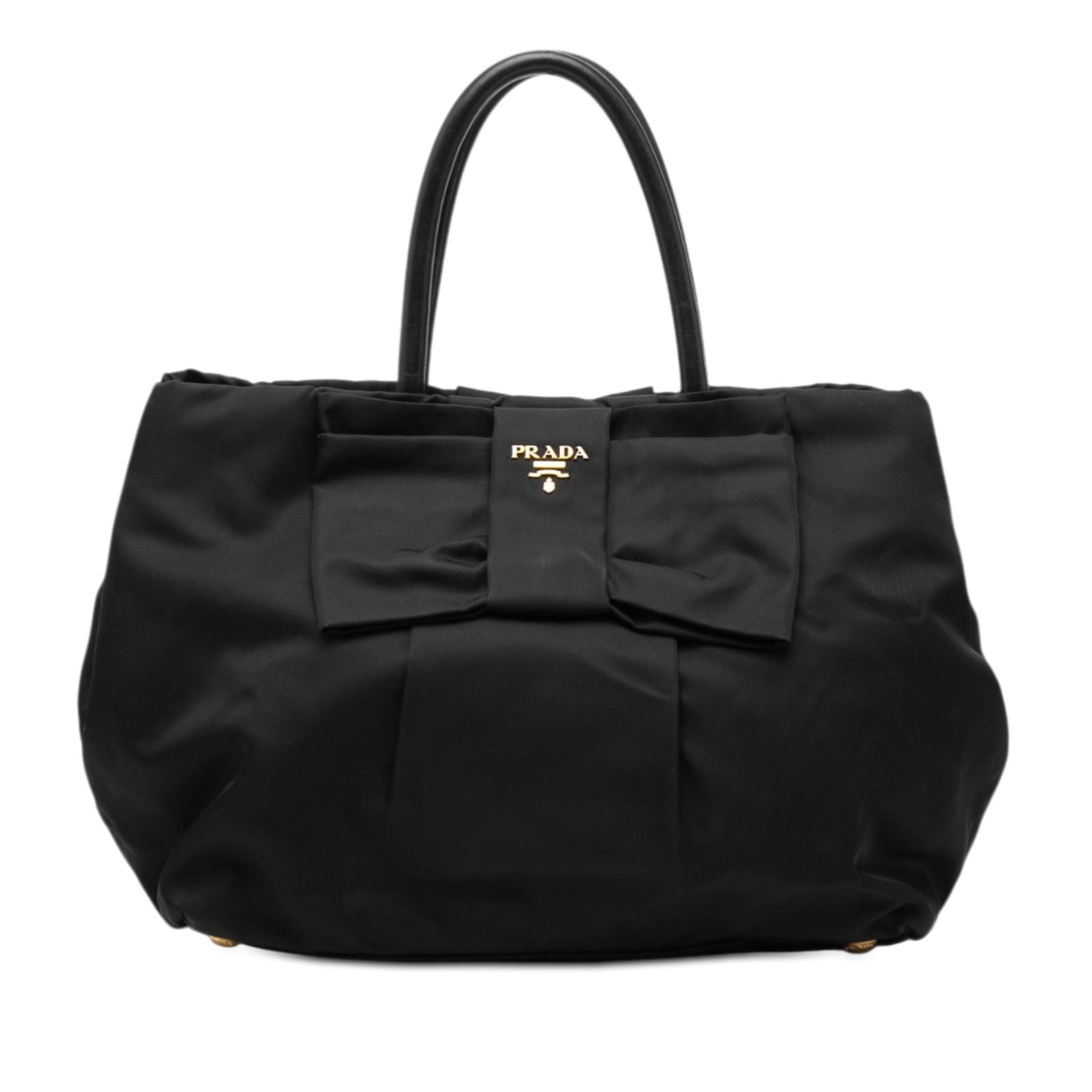 Prada Tessuto Bow Detail Black Nylon Tote Bag with Leather Handles: Prada Tessuto Bow Detail Black Nylon Tote Bag with Leather Handles This Prada Tessuto Fiocco Bow Tote features a black nylon body with a bow detail, complemented by rolled leather handles. The bag has