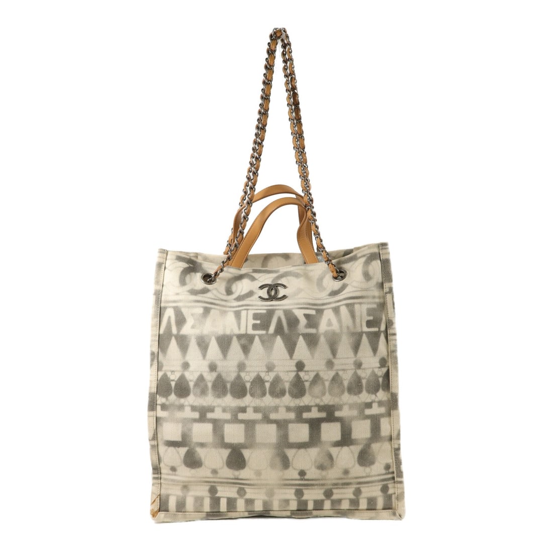 CHANEL Canvas White Gray 2 Way Shoulder Tote Bag: CHANEL Canvas White Gray 2 Way Shoulder Tote Bag This CHANEL CC shoulder tote is a versatile 2-way shoulder bag crafted from white canvas with gray accents. Designed for women, it features a spacious 
