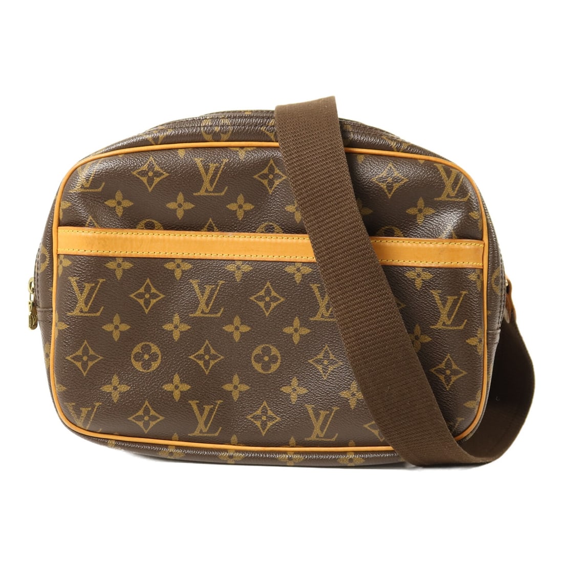 Louis Vuitton Reporter PM Monogram Brown Shoulder Bag with Gold Hardware: Louis Vuitton Reporter PM Monogram Brown Shoulder Bag with Gold Hardware This Louis Vuitton Reporter PM shoulder bag features the iconic Monogram brown PVC coated canvas and is designed for women. The