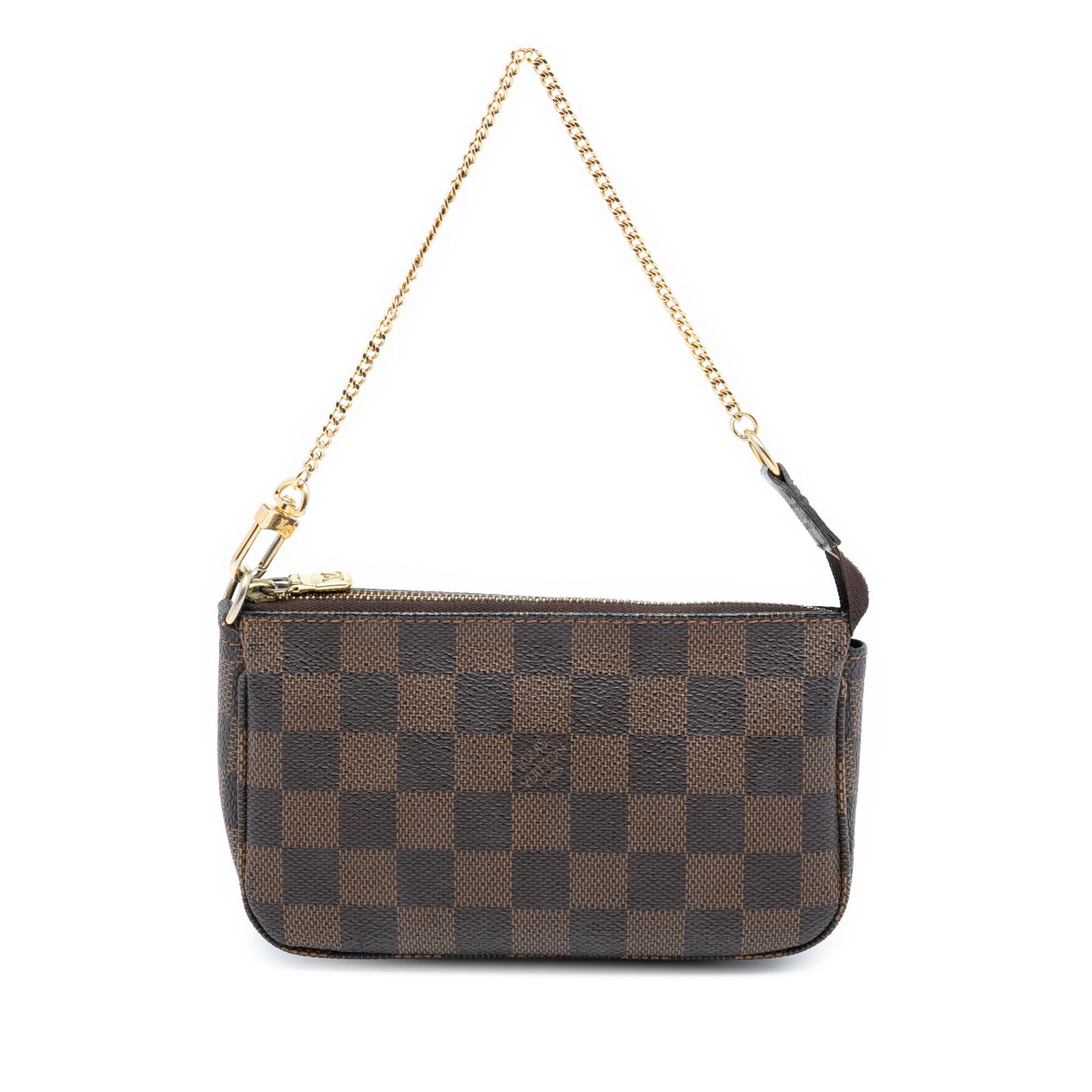 Louis Vuitton Mini Shoulder Bag in Damier Ebene Canvas: Louis Vuitton Mini Shoulder Bag in Damier Ebene Canvas This Louis Vuitton Damier Ebene Mini Pochette Accessoires features the signature damier canvas body, complemented by a chain link handle and a to