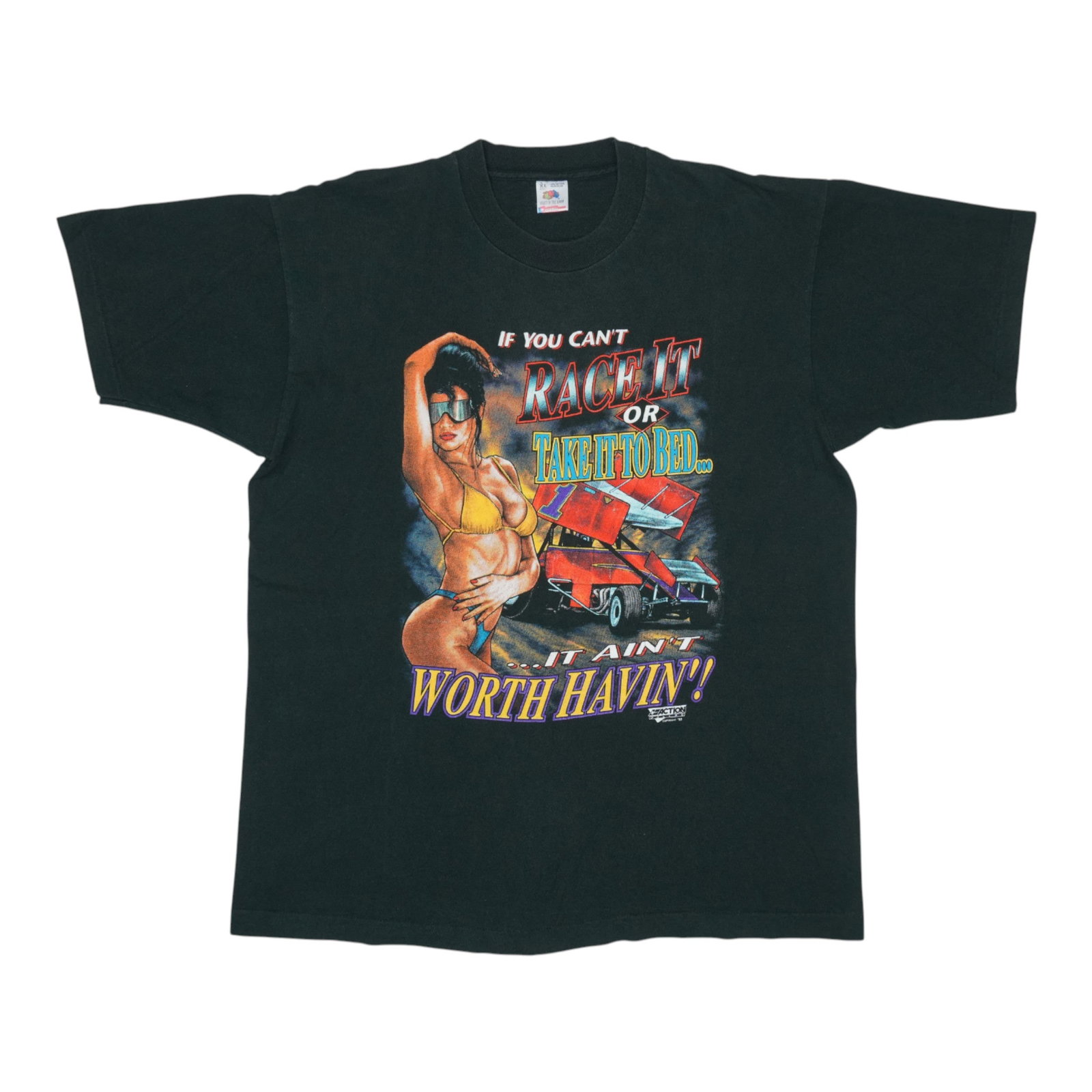 Vintage 1992 Black Cotton Shirt with Race It Or Take It To Bed Graphics: Vintage 1992 Black Cotton Shirt with Race It Or Take It To Bed Graphics This is an original vintage 1992 "Race It Or Take It To Bed" shirt, featuring front and back graphics. It is a true vintage piec