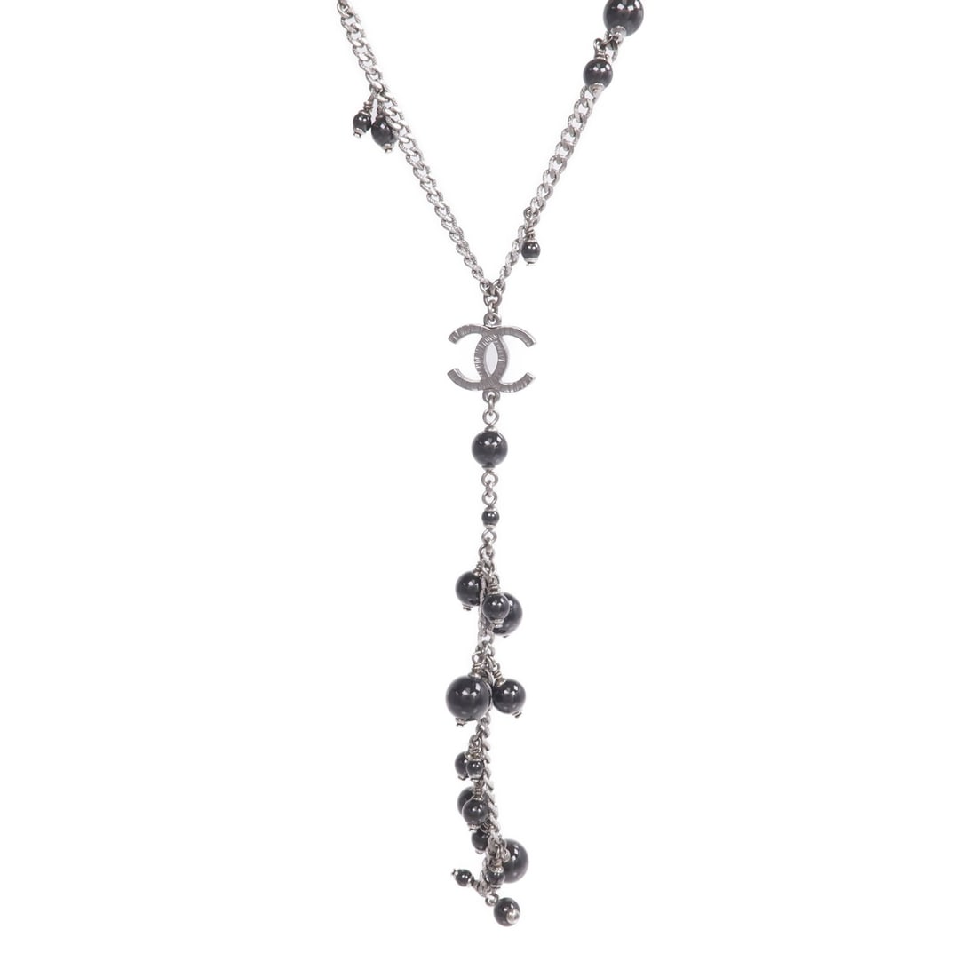 CHANEL Black Silver CC Pendant Necklace: CHANEL Black Silver CC Pendant Necklace This CHANEL necklace features the iconic CC logo in a striking black and silver color combination. Crafted from mixed materials, it is designed for women and ex