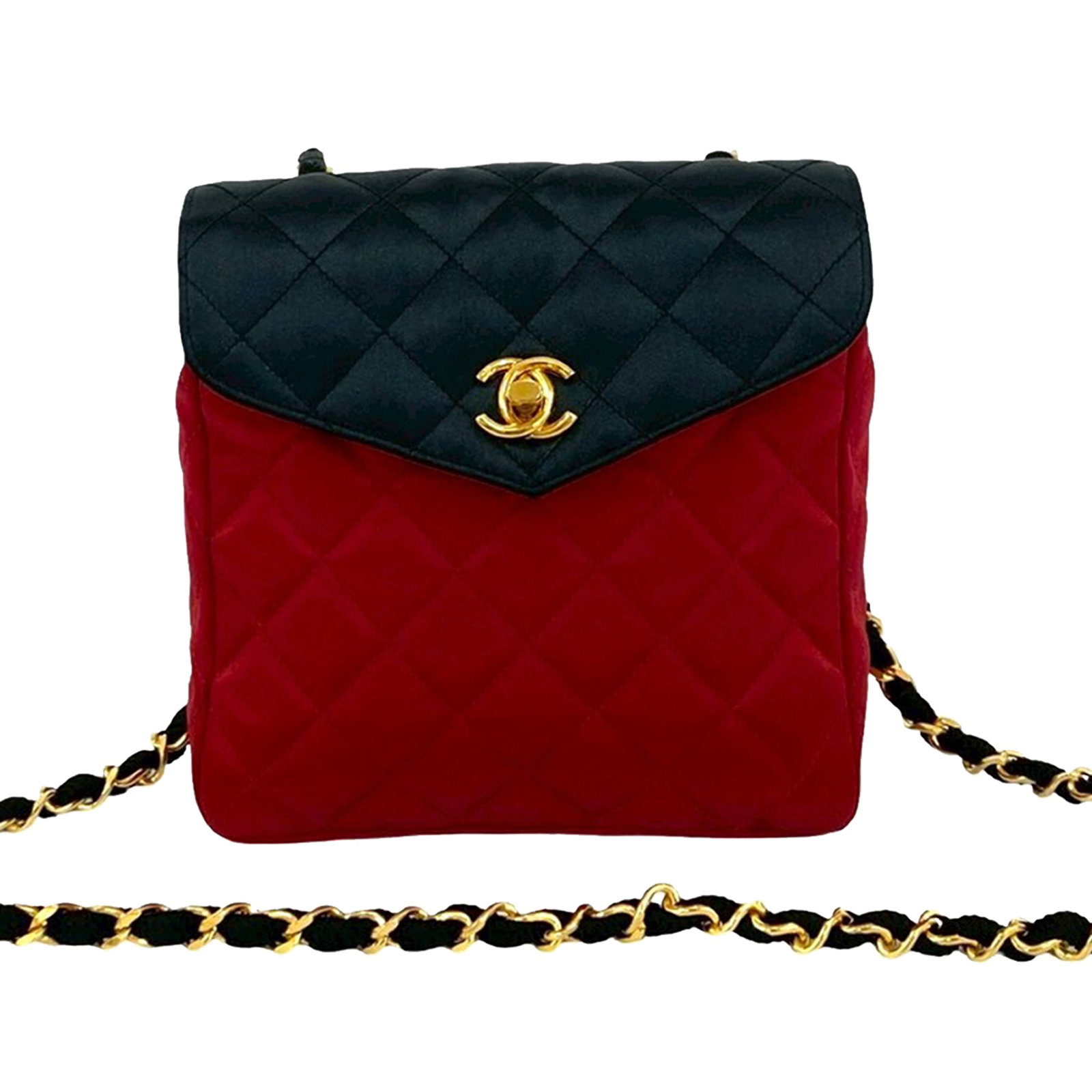 Chanel Bicolor Satin Quilted CC Crossbody Bag with Chain Strap: Chanel Bicolor Satin Quilted CC Crossbody Bag with Chain Strap This Chanel CC Bicolor Quilted Satin Crossbody bag features a quilted satin exterior with a fabric-woven chain link strap and a front fla