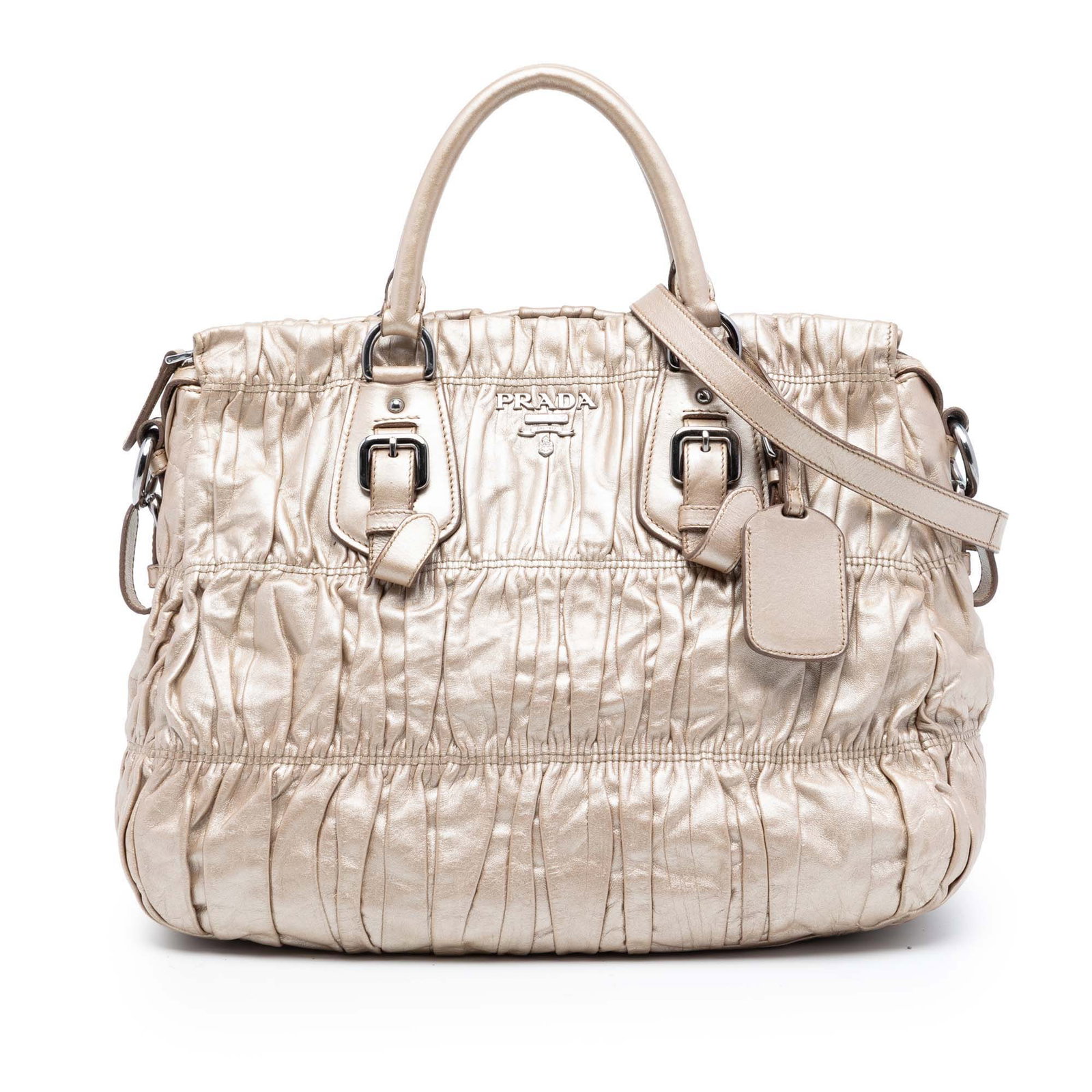 Prada Gold Leather Nappa Gaufre Satchel with Detachable Strap: Prada Gold Leather Nappa Gaufre Satchel with Detachable Strap This Prada Nappa Gaufre Satchel features a gathered leather body with rolled leather handles and a detachable flat leather strap. The bag 