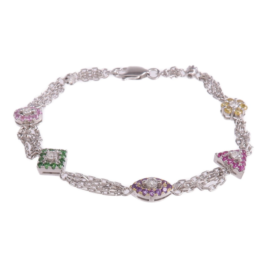 18K White Gold Bracelet with Garnet Amethyst Pink Sapphire and Diamond: 18K White Gold Bracelet with Garnet Amethyst Pink Sapphire and Diamond This elegant bracelet features garnet, amethyst, pink sapphire, and diamond stones set in 18K white gold. Designed for women, it 