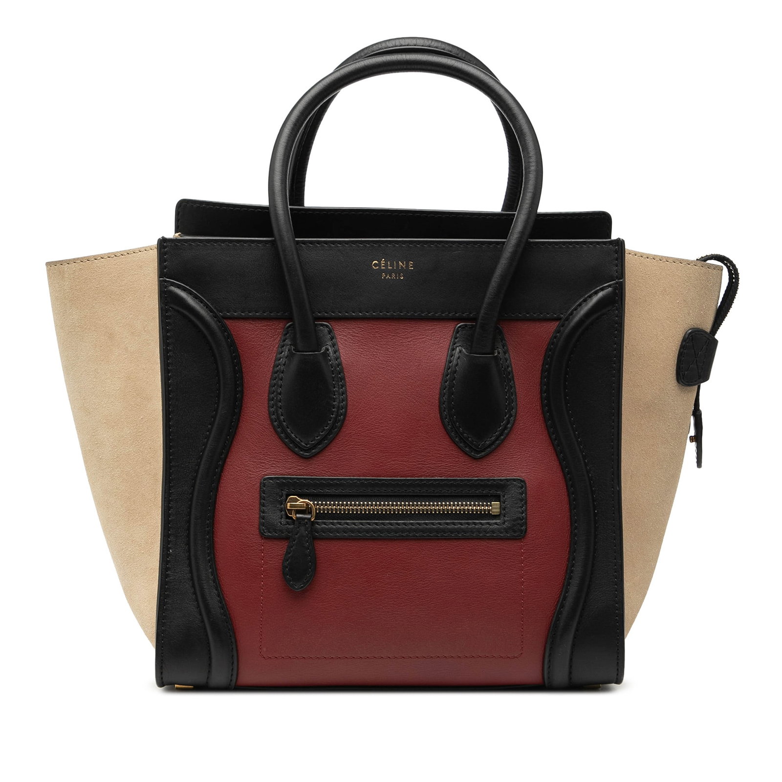Celine Micro Luggage Tote in Tricolor Leather: Celine Micro Luggage Tote in Tricolor Leather This Celine Micro Tricolor Leather Luggage Tote features a distinctive leather body with rolled leather handles, a top zip closure, an exterior front zip 