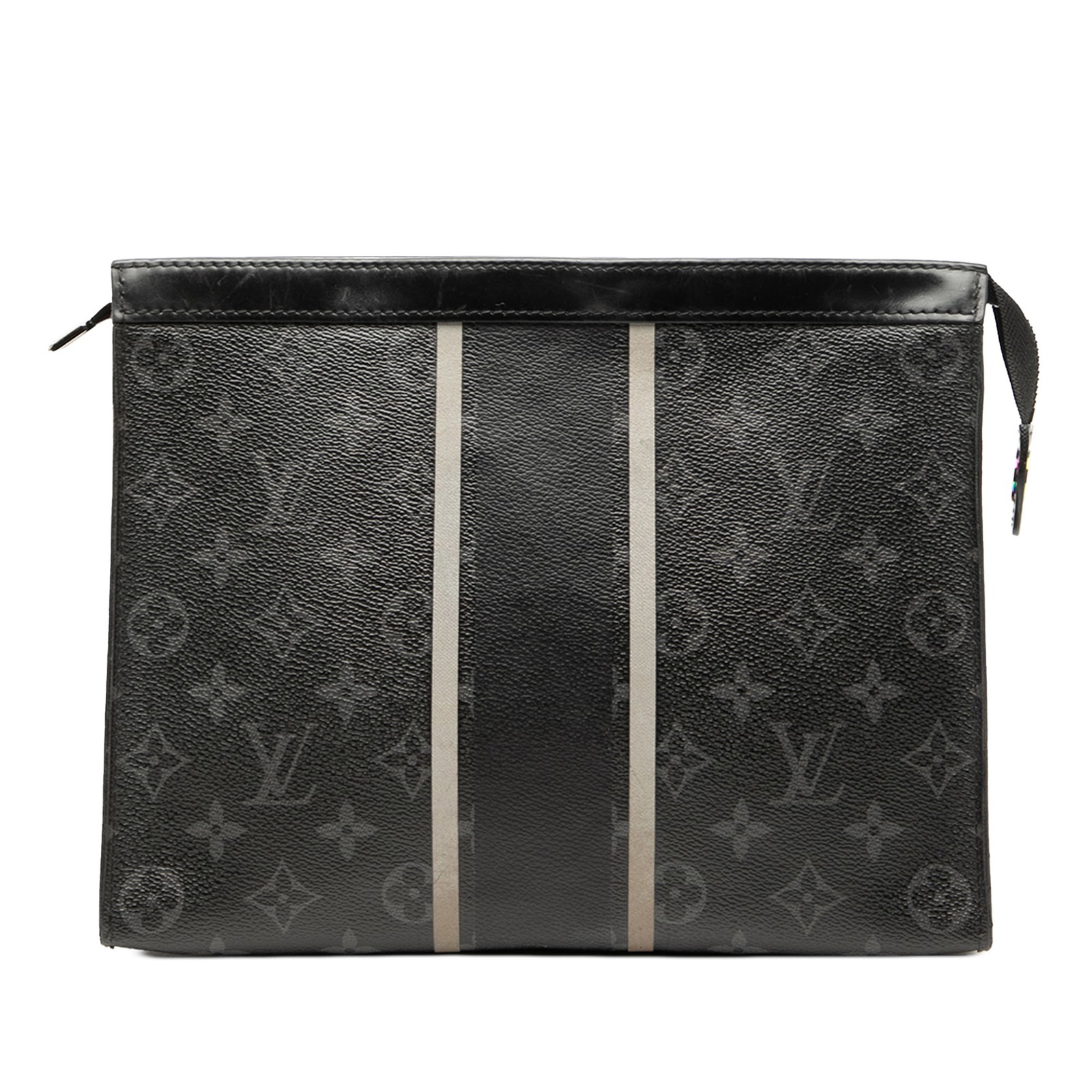 Louis Vuitton Fujiwara Eclipse Flash Pochette Voyage MM Black Canvas Clutch: Louis Vuitton Fujiwara Eclipse Flash Pochette Voyage MM Black Canvas Clutch This stylish Louis Vuitton Fujiwara Monogram Eclipse Flash Pochette Voyage MM clutch bag showcases a distinctive monogram ec