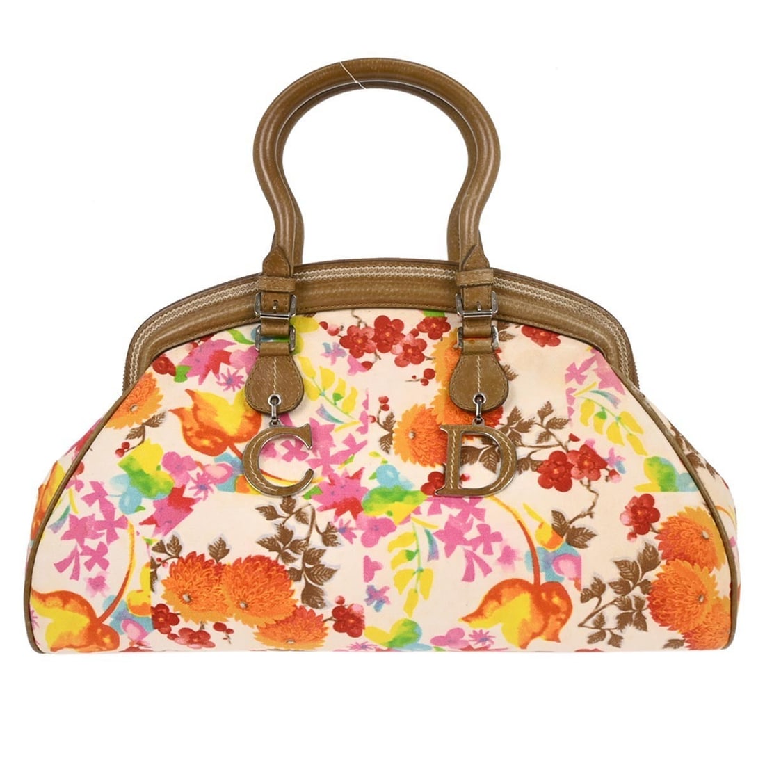 Dior Detective Top Handle Canvas Leather Bag Floral White 05-MA-1015: Dior Detective Top Handle Canvas Leather Bag Floral White 05-MA-1015 This Christian Dior Detective handbag features a striking floral print on white canvas leather. Designed in a medium size with doub