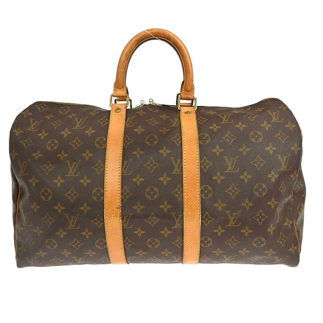 Louis Vuitton Monogram Canvas Keepall Unisex Travel Bag 45cm: Louis Vuitton Monogram Canvas Keepall Unisex Travel Bag 45cm This Louis Vuitton Keepall bag features the iconic monogram canvas in brown and is designed for unisex use. The bag shows scuffs, scratches