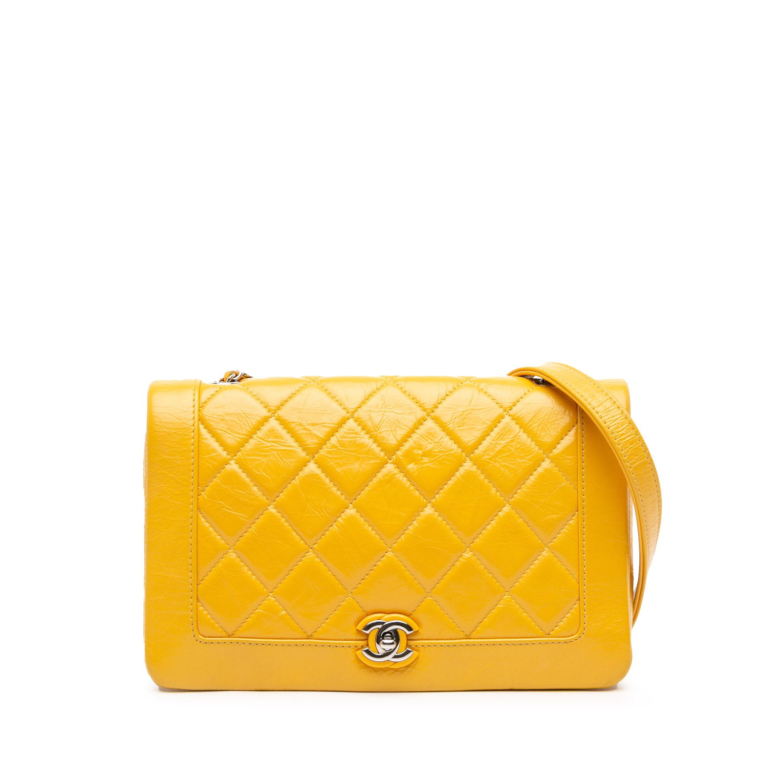 Chanel Vintage Crumpled Calfskin Bi Quilted Full Flap Bag Yellow: Chanel Vintage Crumpled Calfskin Bi Quilted Full Flap Bag Yellow This vintage Chanel shoulder bag is crafted from luxurious quilted crumpled calf leather in a vibrant yellow hue. It features a stylish