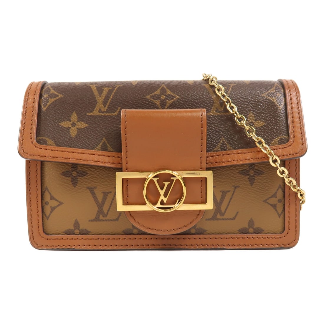 Louis Vuitton Dauphine Monogram Reverse Brown Shoulder Bag M68746 with Chain: Louis Vuitton Dauphine Monogram Reverse Brown Shoulder Bag M68746 with Chain This Louis Vuitton Dauphine chain shoulder bag features a Monogram Reverse design in brown PVC coated canvas. The bag is eq