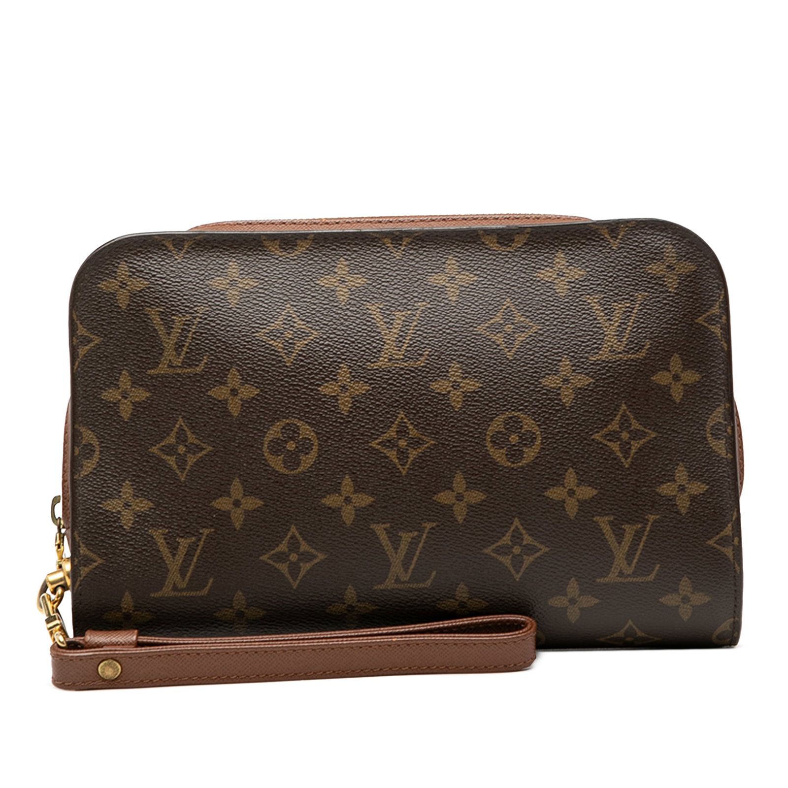 Brown Monogram Canvas Orsay Wristlet Bag by Louis Vuitton: Brown Monogram Canvas Orsay Wristlet Bag by Louis Vuitton The Louis Vuitton Monogram Orsay is crafted from signature monogram canvas with leather trim. It features a flat leather wrist strap, a zip-ar