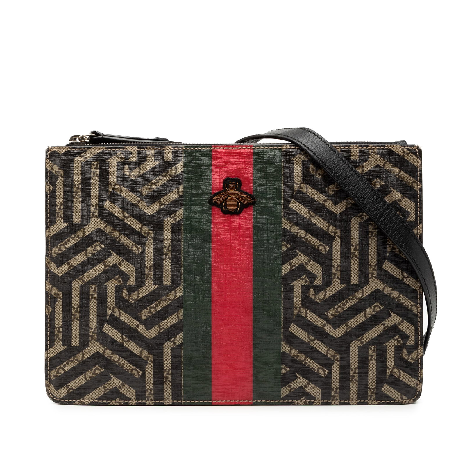 GG Supreme Kaleido Bee Crossbody Bag by Gucci with Dual Zip Compartments: GG Supreme Kaleido Bee Crossbody Bag by Gucci with Dual Zip Compartments This Gucci GG Supreme Kaleido Bee Crossbody bag features a coated canvas body with a distinctive print, a detachable and adjust