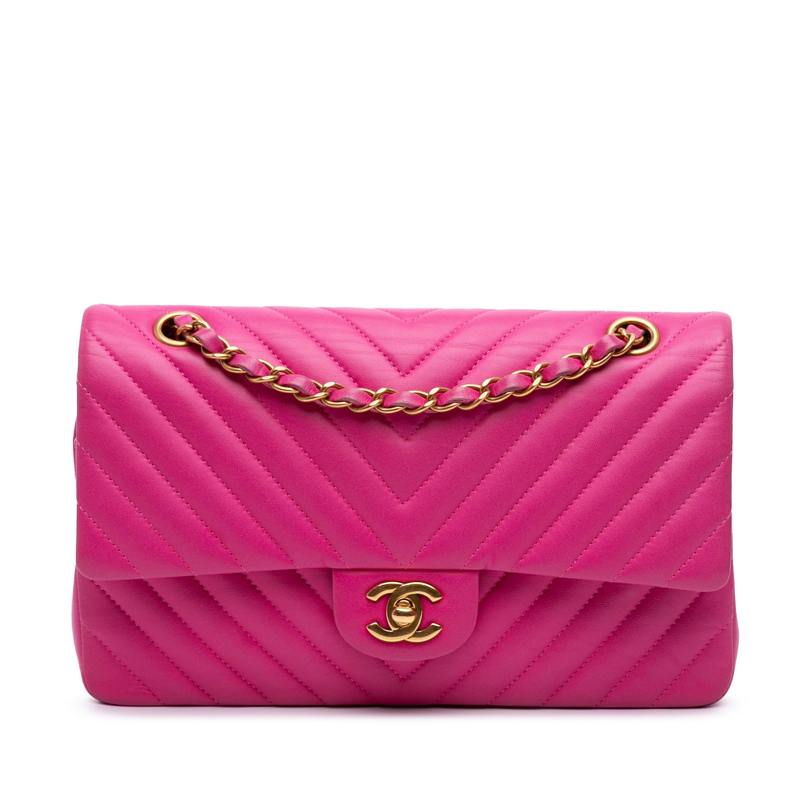 Chanel Medium Classic Chevron Double Flap Pink Lambskin Bag: Chanel Medium Classic Chevron Double Flap Pink Lambskin Bag Introducing the Chanel Medium Classic Chevron Double Flap shoulder bag, a stunning accessory crafted from luxurious quilted lambskin leather