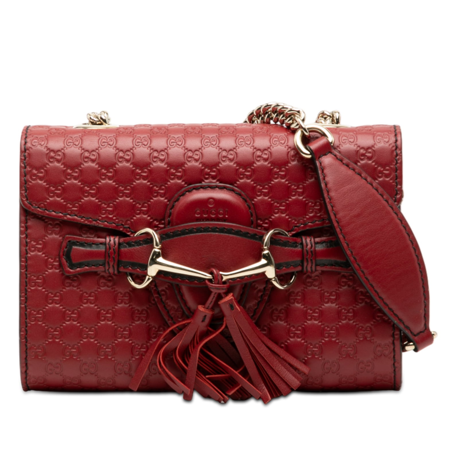 Gucci Mini Emily Microguccissima Red Leather Crossbody Bag with Tassel Accent: Gucci Mini Emily Microguccissima Red Leather Crossbody Bag with Tassel Accent This Gucci Mini Microguccissima Emily Crossbody features an embossed leather exterior in red, complemented by chain link s