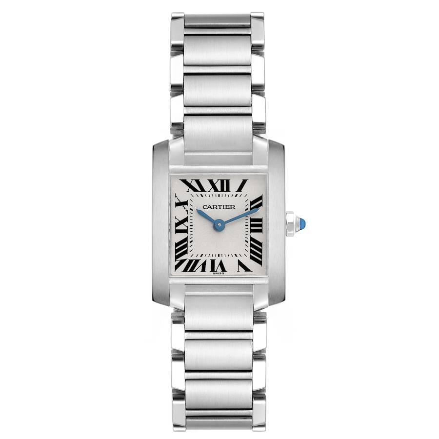 Tank Francaise Reference 2300 Stainless Steel Roman Dial Watch: Tank Francaise Reference 2300 Stainless Steel Roman Dial Watch This Cartier Tank Francaise features a white dial with Roman numerals and is crafted in stainless steel. The watch measures 20.0 x 25.0 m