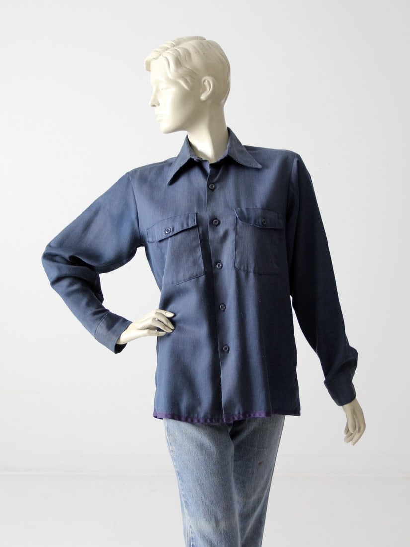 Authentic 1950s Navy Blue Utility Work Shirt Vintage: Authentic 1950s Navy Blue Utility Work Shirt Vintage Step back in time with this authentic 1950s vintage utility work shirt. Crafted from soft, lightweight fabric, this navy blue shirt features two co