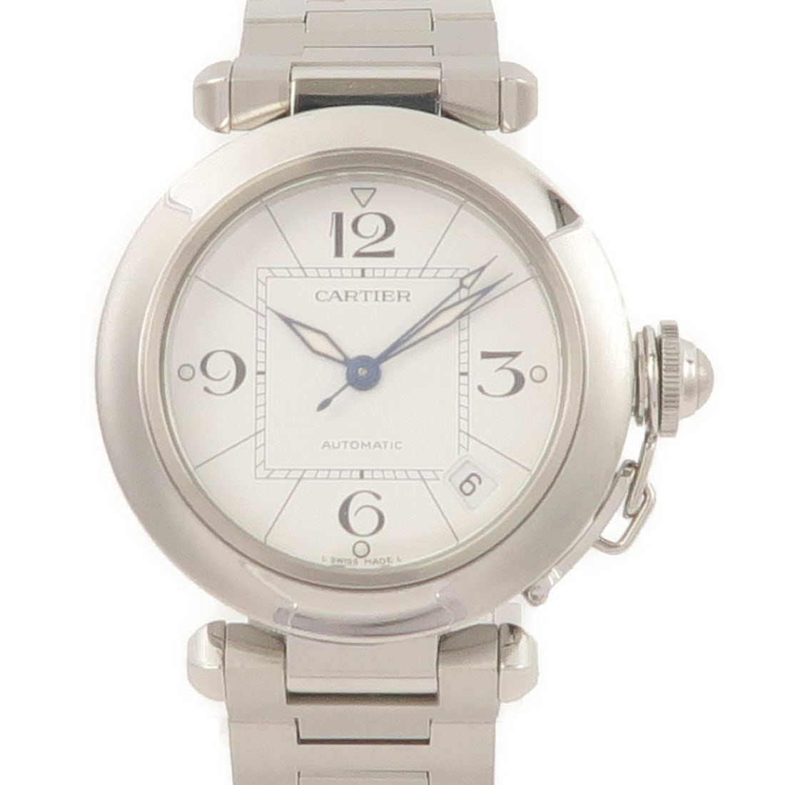 Pasha C Automatic Stainless Steel Men's Wristwatch White Dial by Cartier: Pasha C Automatic Stainless Steel Men's Wristwatch White Dial by Cartier This Cartier Pasha C Automatic Watch features a stainless steel case and bracelet, complemented by a white dial. Designed for m