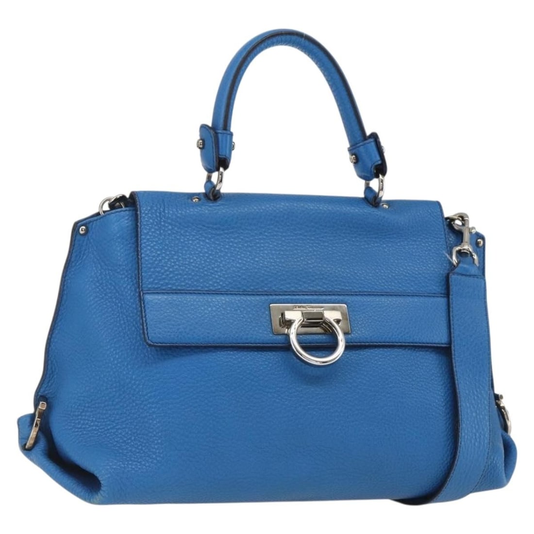 Blue Leather Gancini Sofia 2way Handbag with Strap by Salvatore Ferragamo: Blue Leather Gancini Sofia 2way Handbag with Strap by Salvatore Ferragamo This Salvatore Ferragamo Gancini Sofia 2-way handbag features blue leather with silver-tone accents. It offers versatile carry