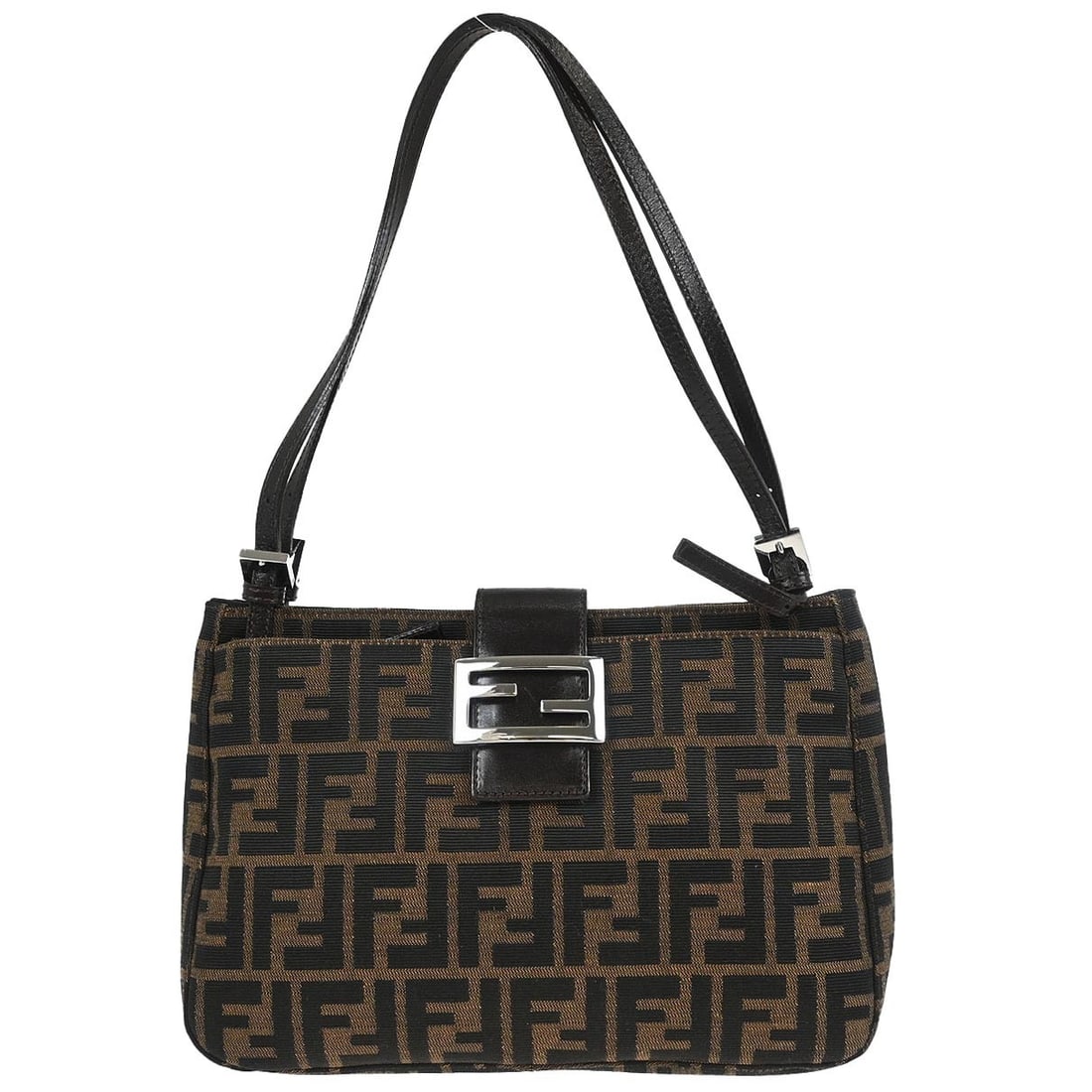 Fendi Zucca Canvas Brown Medium Top Handle Handbag with Silver Hardware: Fendi Zucca Canvas Brown Medium Top Handle Handbag with Silver Hardware This Fendi handbag features the iconic brown canvas Zucca pattern and is designed with a medium size top handle. The bag offers 